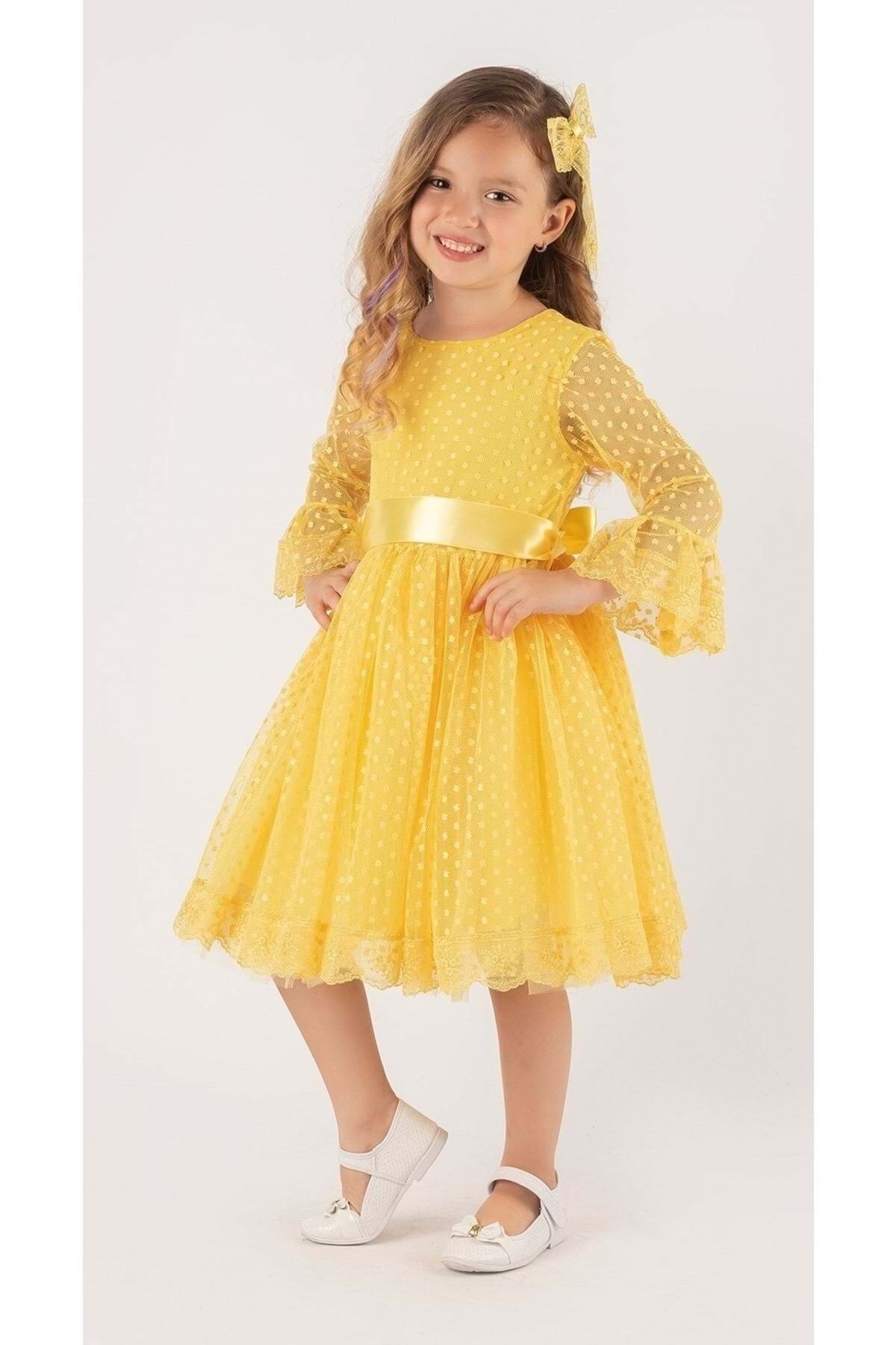 Mnk Rengarenk Fransız Dantel Tokalı Kız Çocuk Elbise Sarı