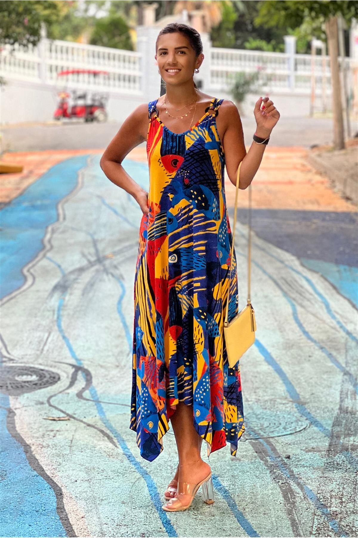 Nevin Kaya Moda Mavi Picasso Desenli Tokalı Yazlık Elbise
