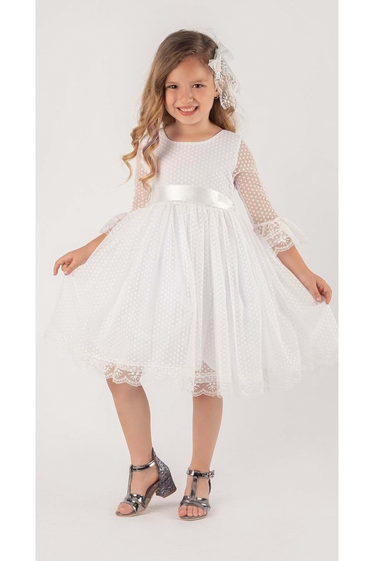 Mnk Rengarenk Fransız Dantel Tokalı Kız Çocuk Elbise Beyaz