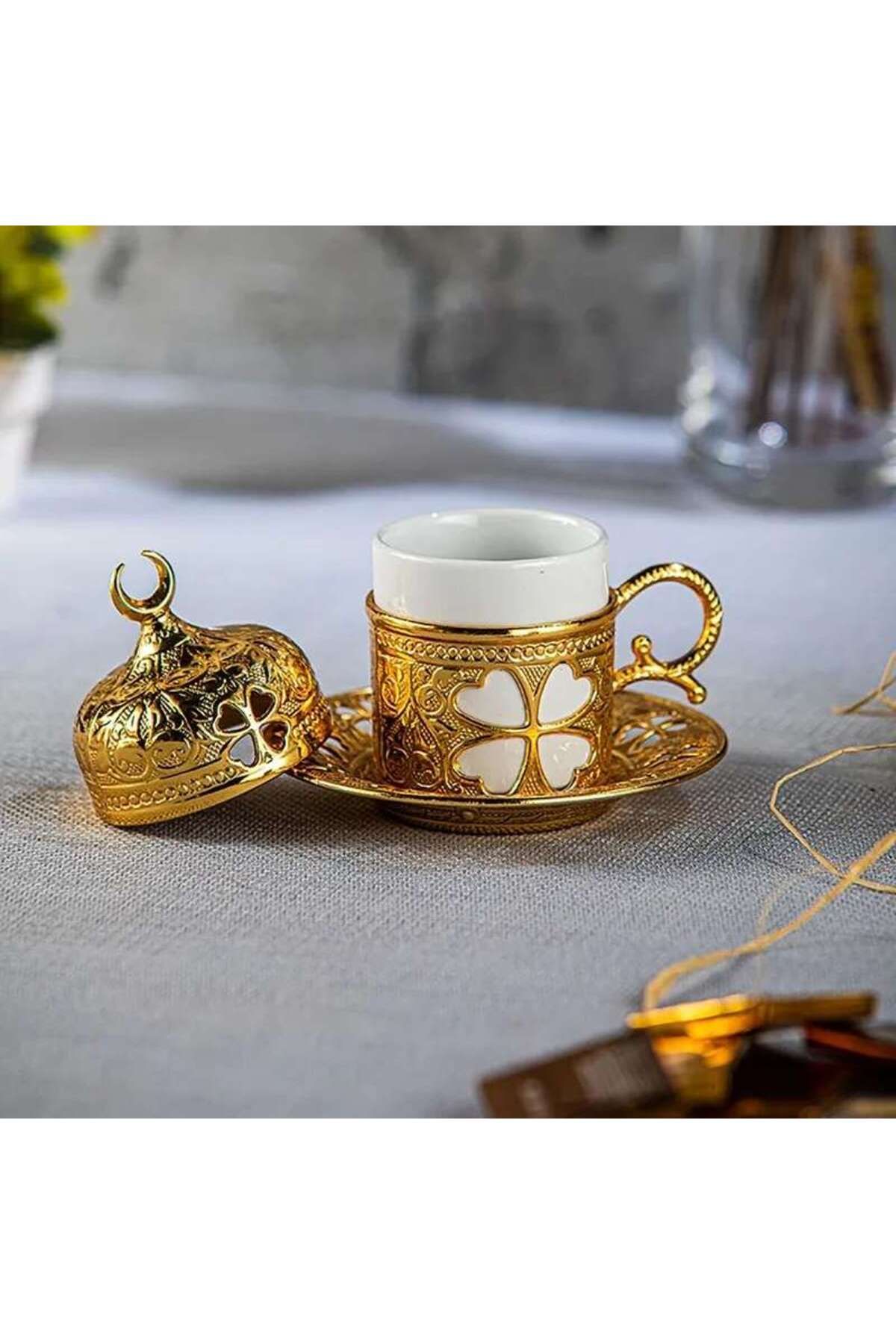 İnova Home Decor Yonca Tasarım Gold Renk Tekli Türk Kahvesi Fincanı