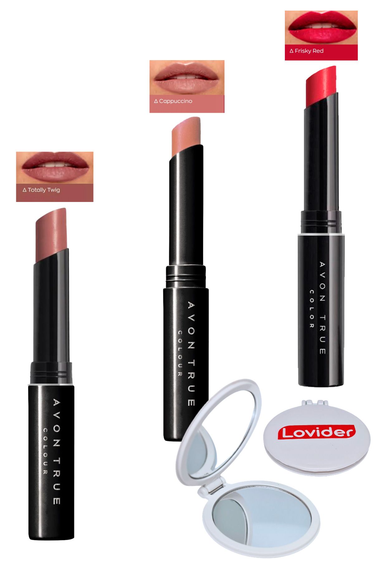 Avon Beauty 3'lü Ruj Paketi - Totally Twig + Cappuccino + Frisky Red + Lovider Cep Aynası
