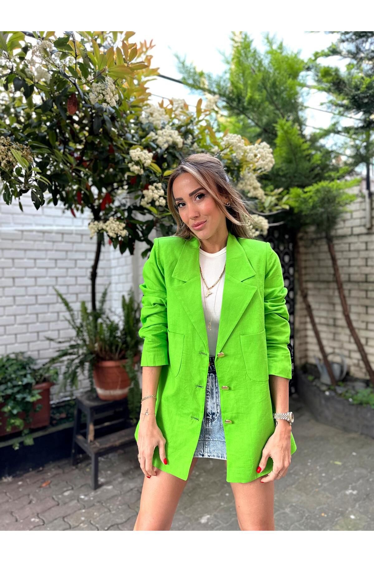 MALDİA SHOP Kadın Ham Keten Kumaş Cepli Blazer Yeşil Ceket