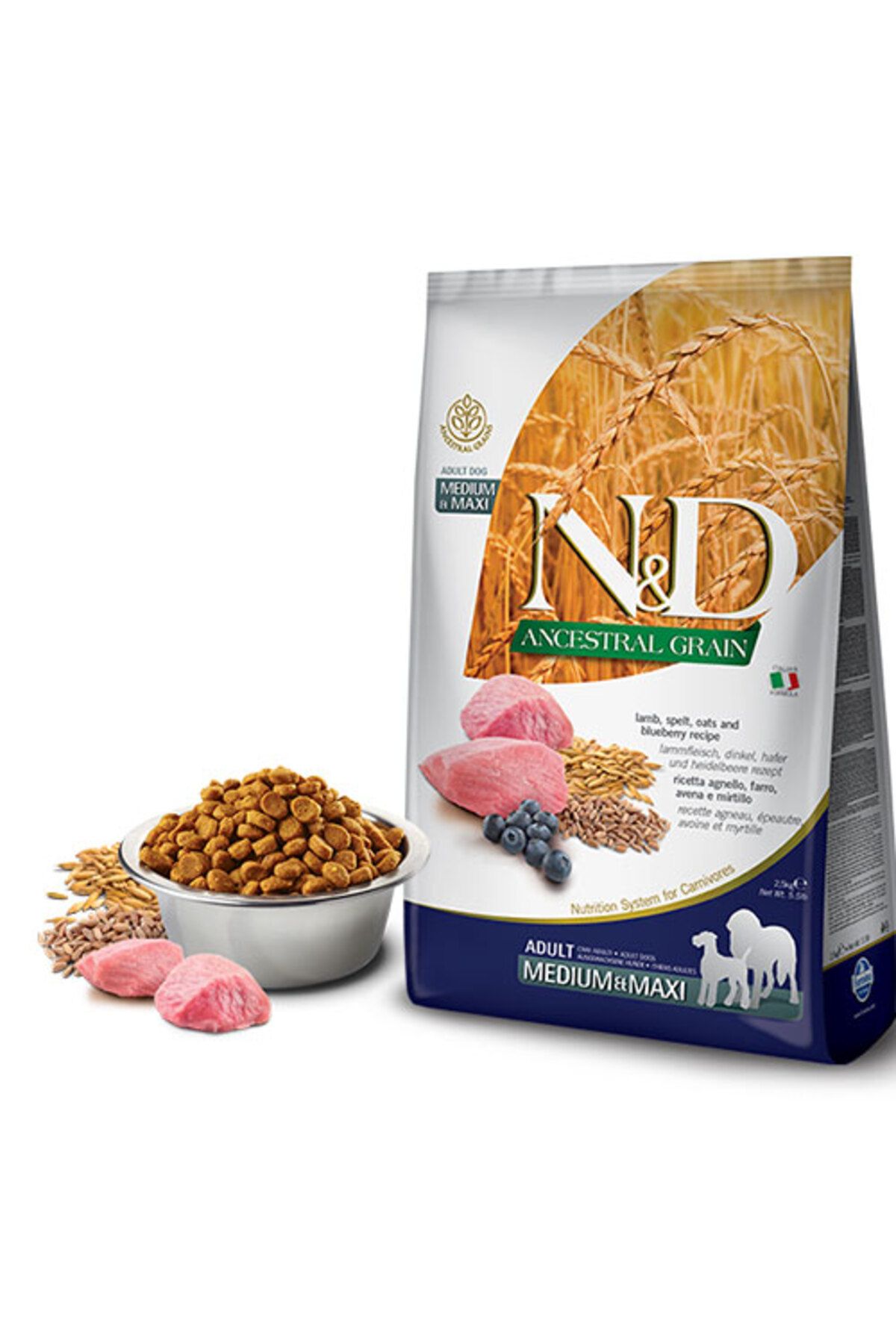 N & D Ancestral Grain Medium Maxi Yaban Mersinli Kuzulu Düşük Tahıllı Yetişkin Köpek Maması 2,5 Kg