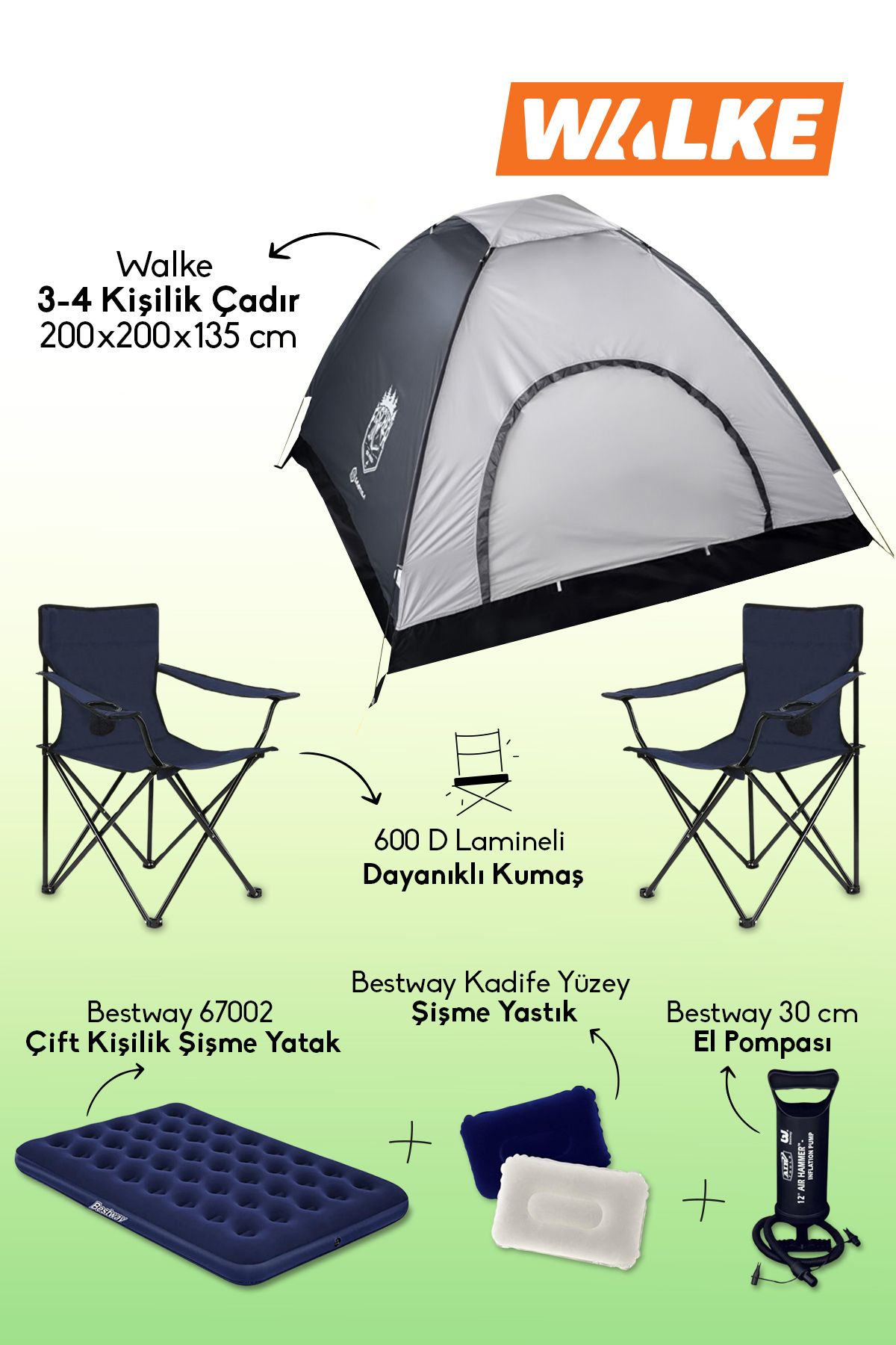 Walke Lüks Kamp Seti 4 Kişilik Çadır Çift Kişilik Yatak 2 Adet Lacivert Sandalye 2 Yastık Pompa