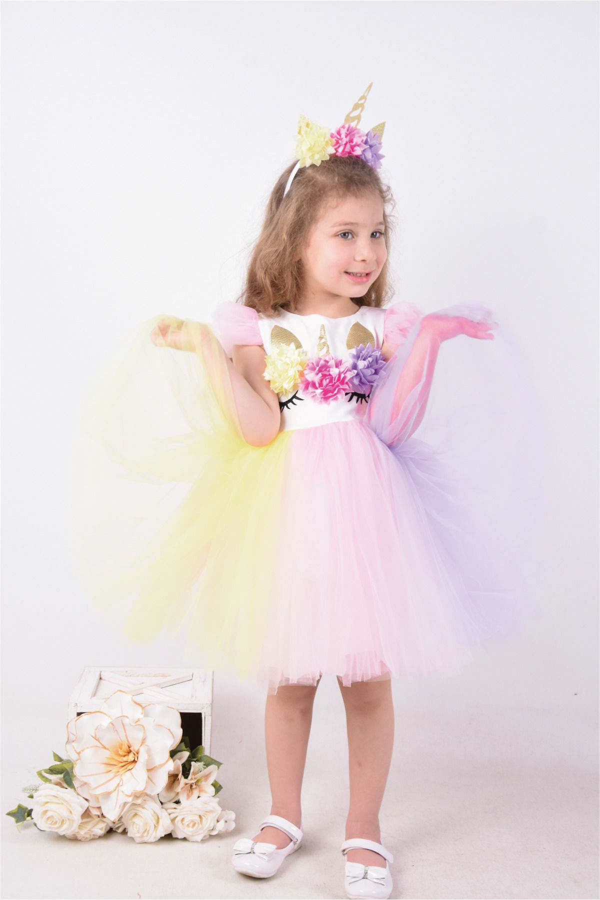 melek golden unicorn taçli kız çocuk elbise doğum günü elbise kız çocuk parti elbisesi