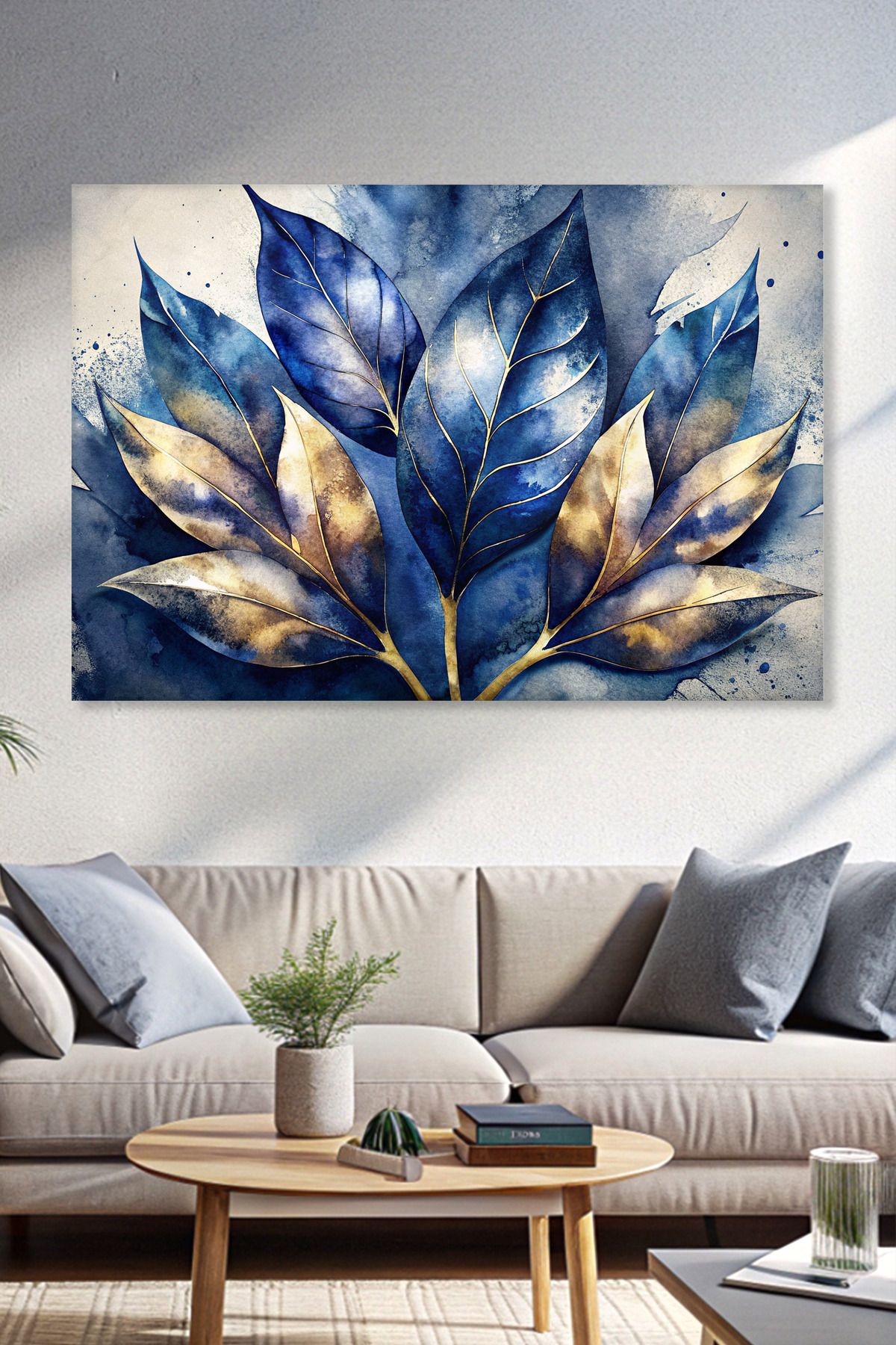 Genel Markalar Mavi Altın Yapraklar 3D Kanvas Tablo - Duvar Tablosu - 3 Boyutlu Canvas Tablo - Duvar Dekorasyonu