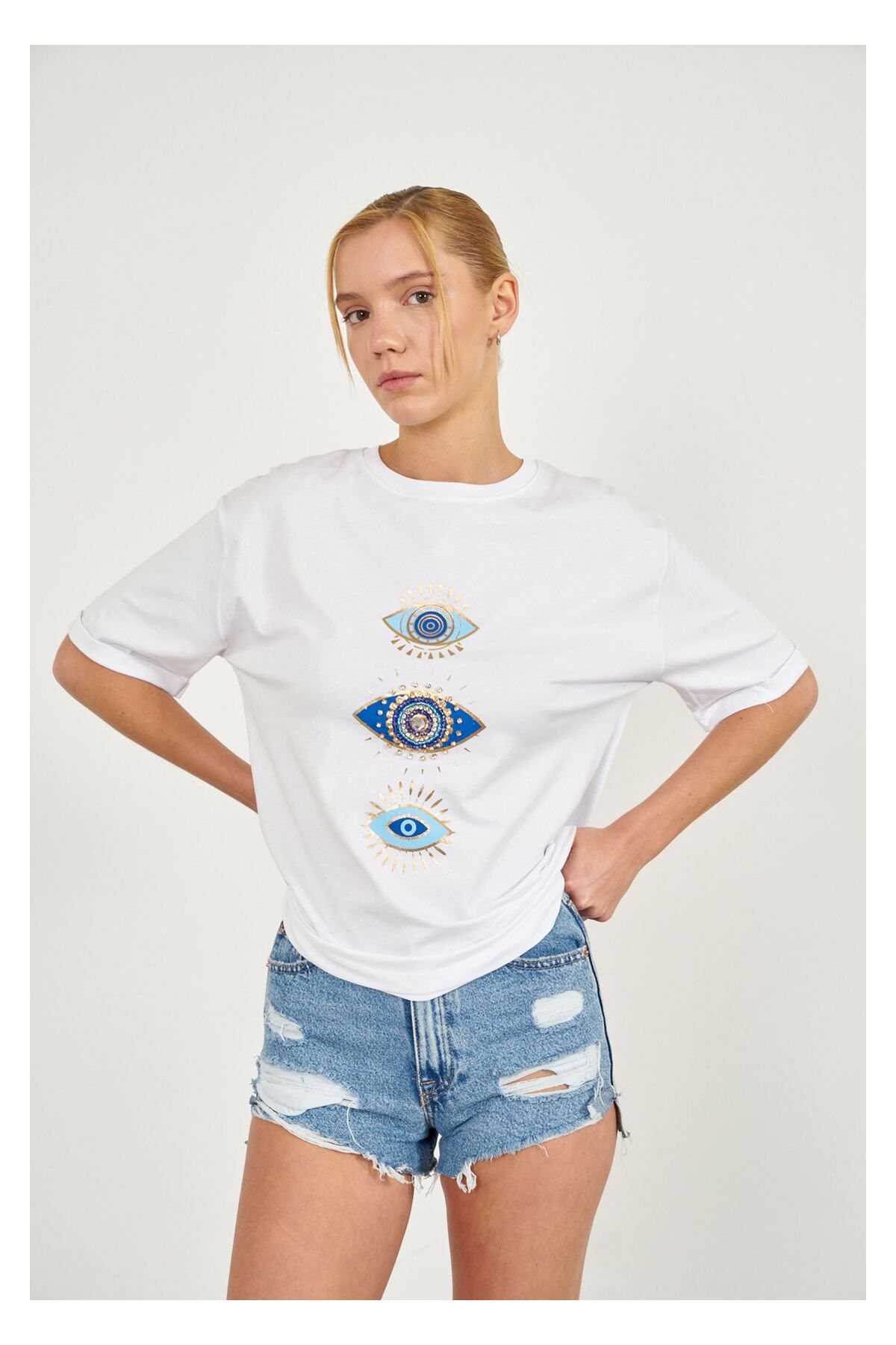Tiffany Tomato Taşlı Göz Baskılı T-shirt-Ekru