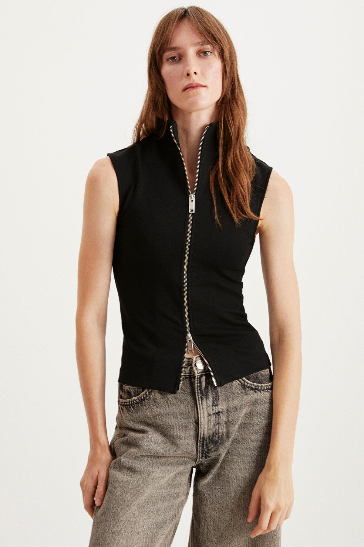 GRIMELANGE Abbet Kadın Slim Fit Örme Dik Yakalı Siyah Bluz