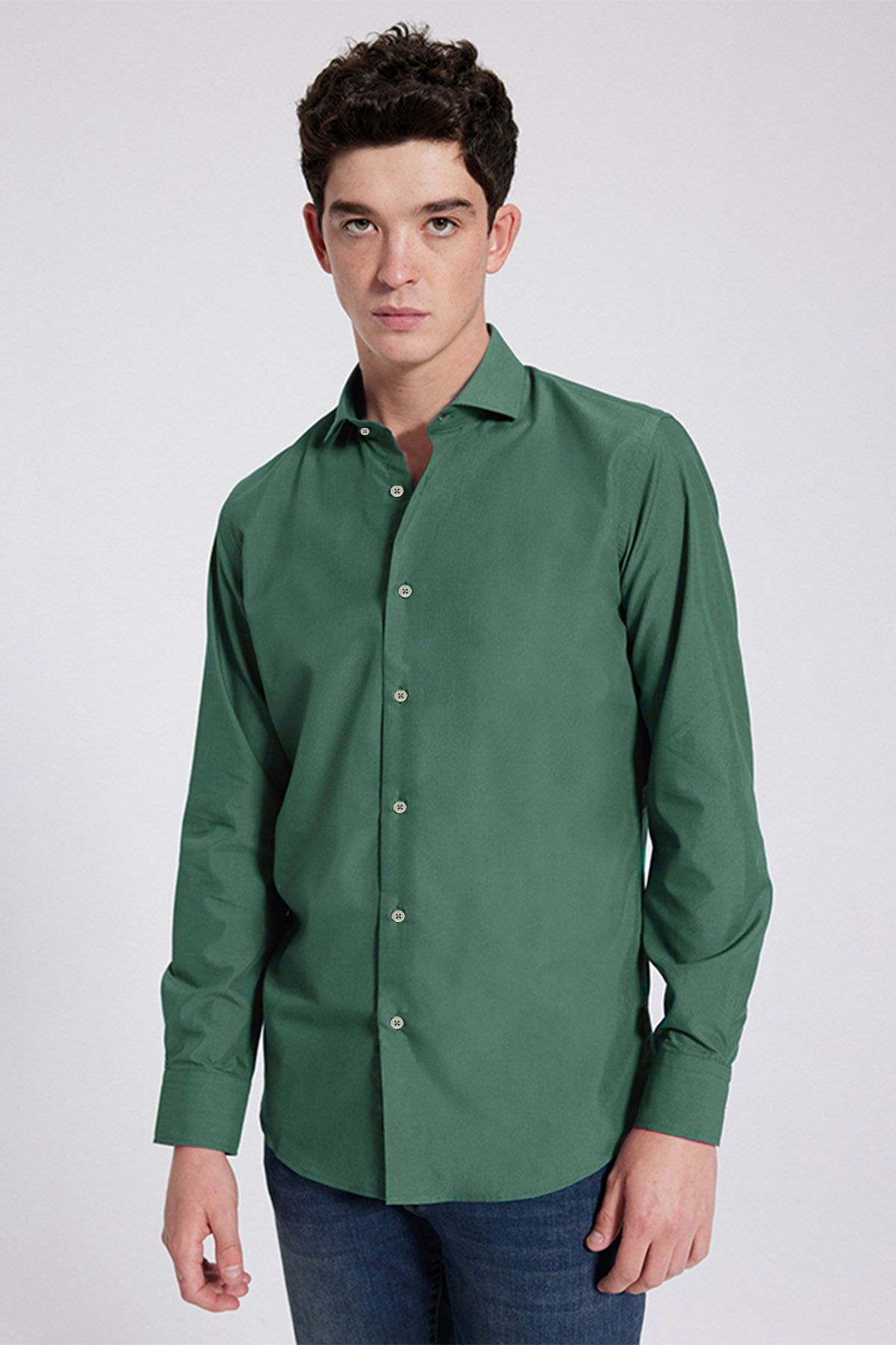 D'S Damat Slim Fit Yeşil Italyan Yaka Gömlek
