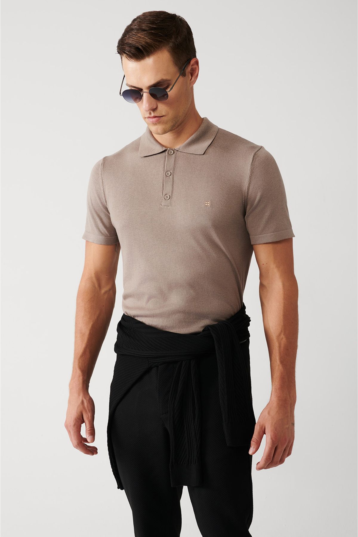 Avva Erkek Vizon Pamuklu Polo Yaka Regular Fit Ince Triko T-shirt E005012