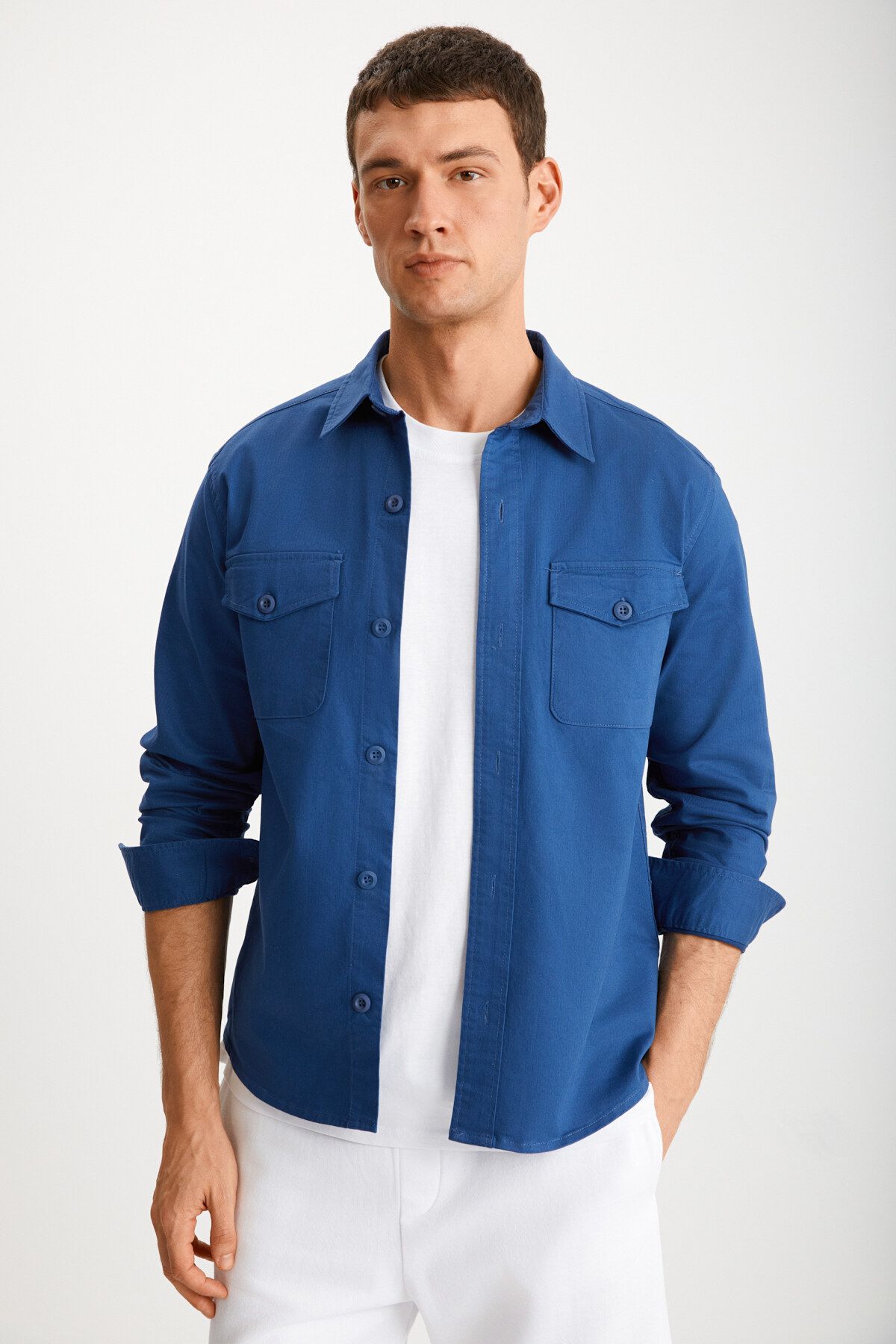 GRIMELANGE Nader Erkek Dokuma Kalın Dokulu Yüzeyli Kapaklı Cepli Düğmeli Mavi Ceket