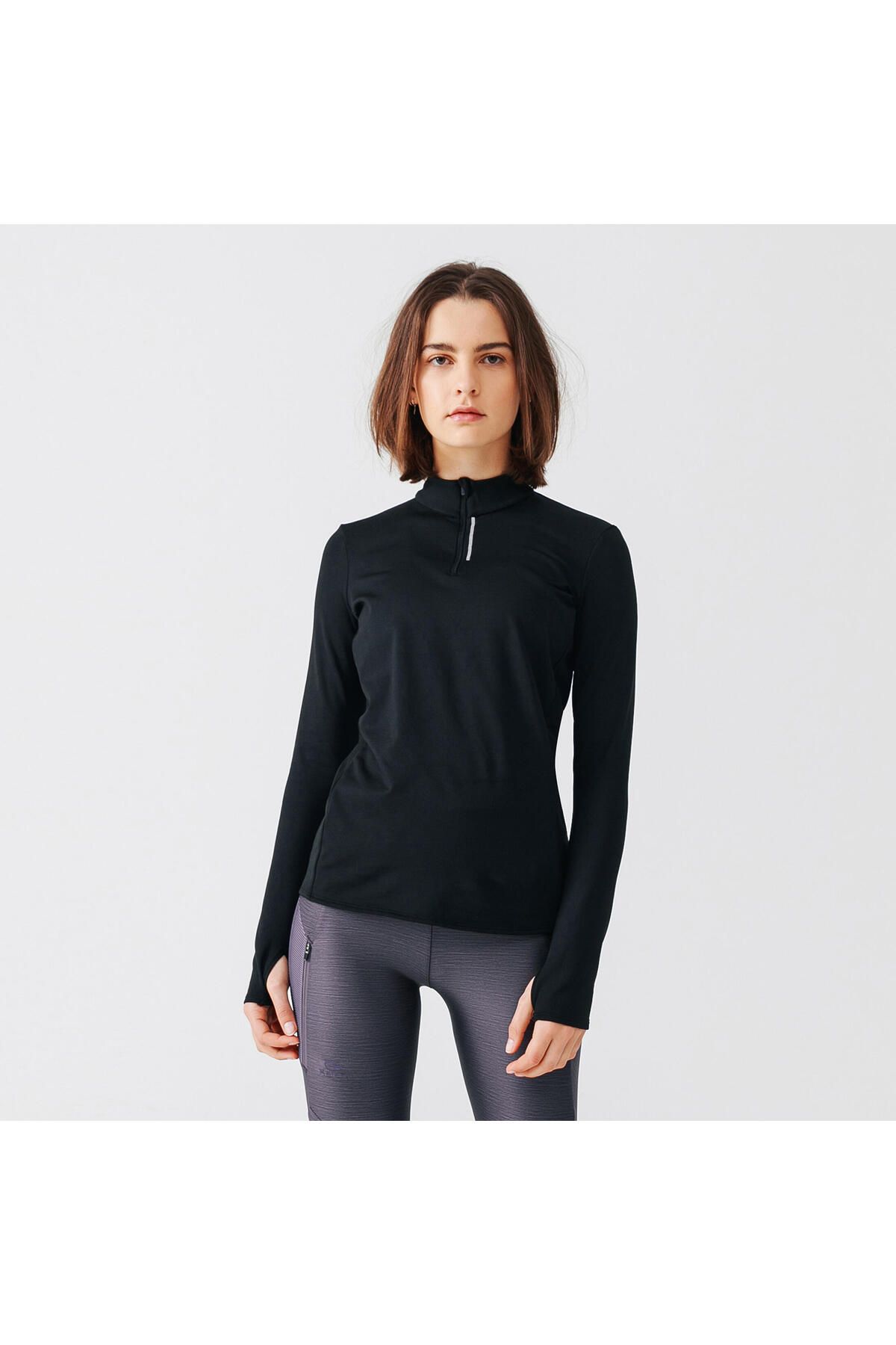 Decathlon Kadın Uzun Kollu Koşu Tişörtü - Siyah - Warm
