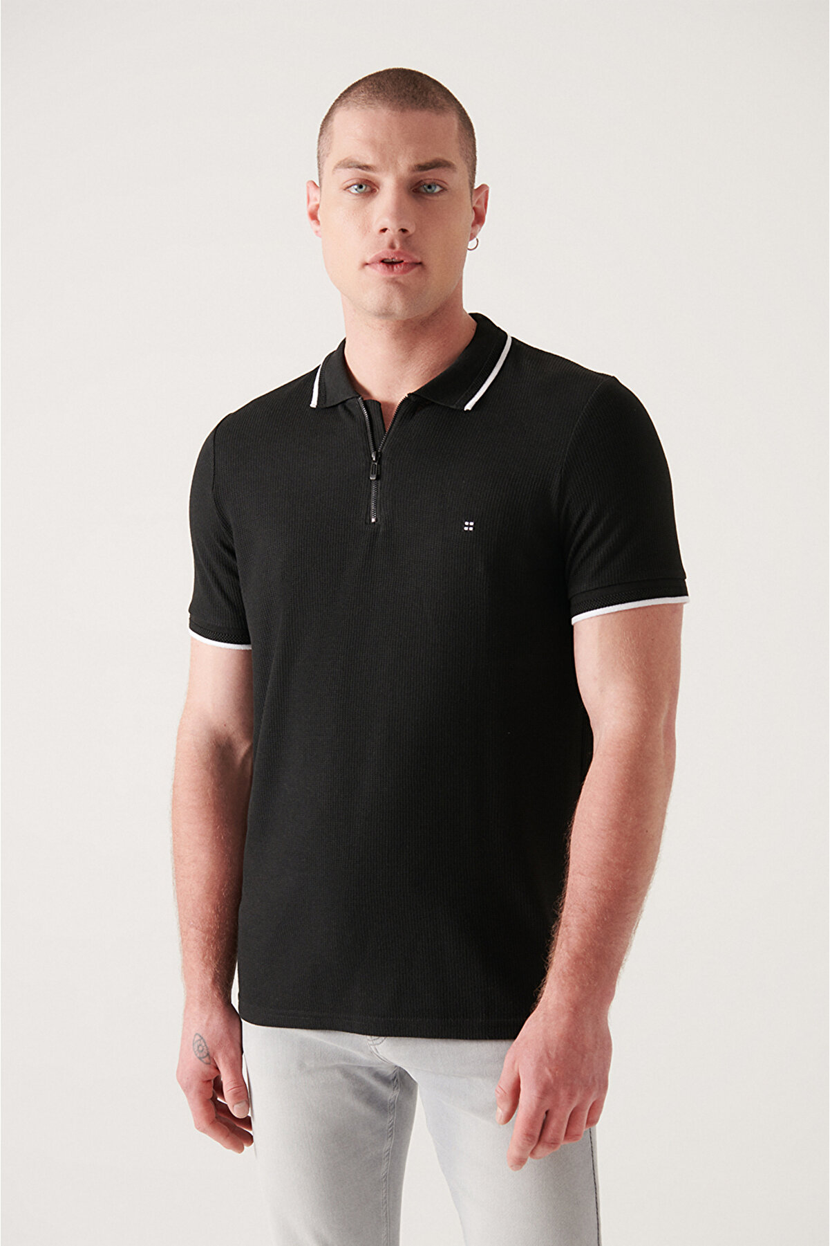 Avva Erkek Siyah Polo Yaka Jakarlı T-shirt A21y1143