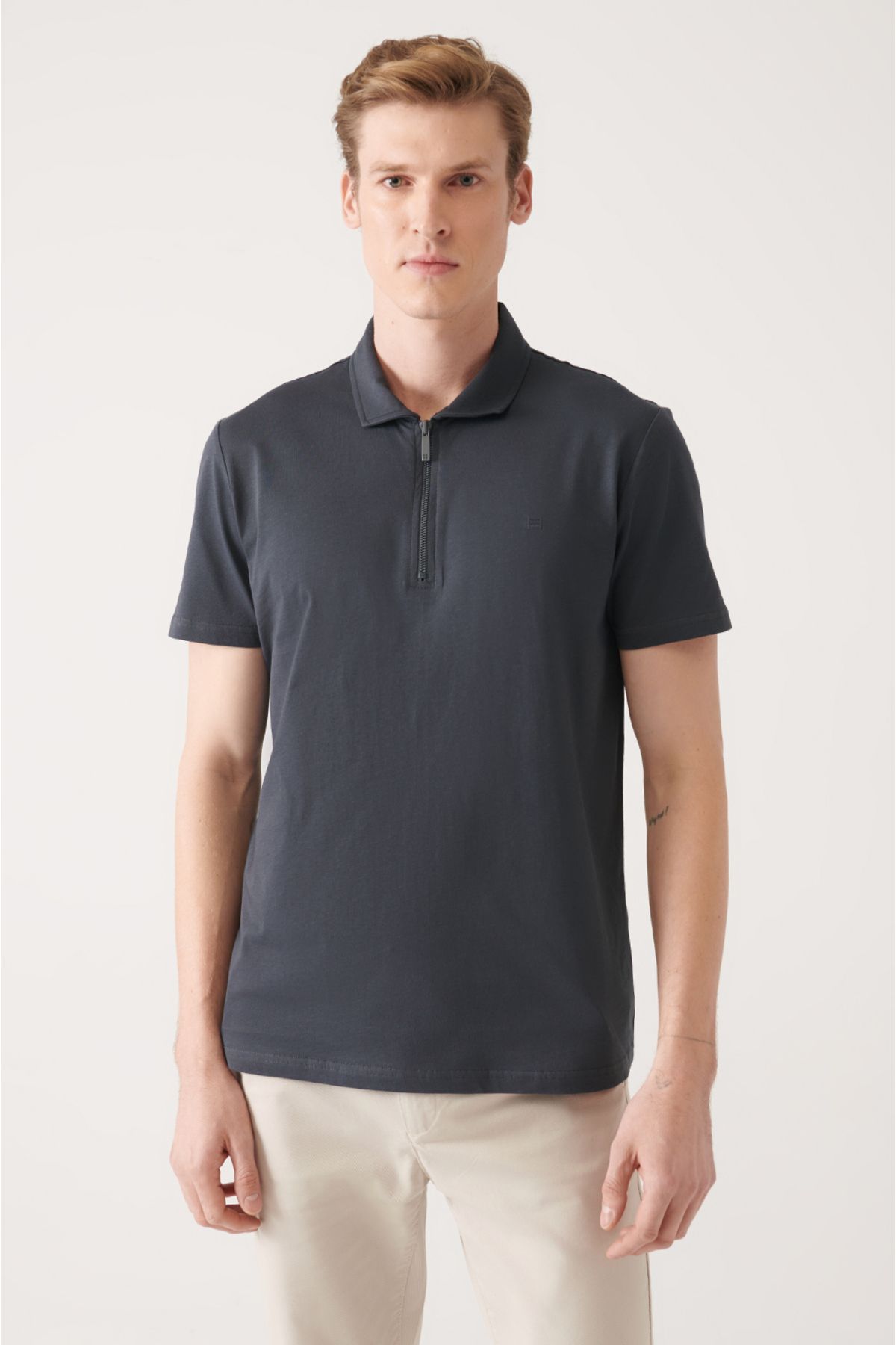 Avva Erkek Antrasit %100 Pamuk Fermuarlı Regular Fit Polo Yaka T-shirt E001034