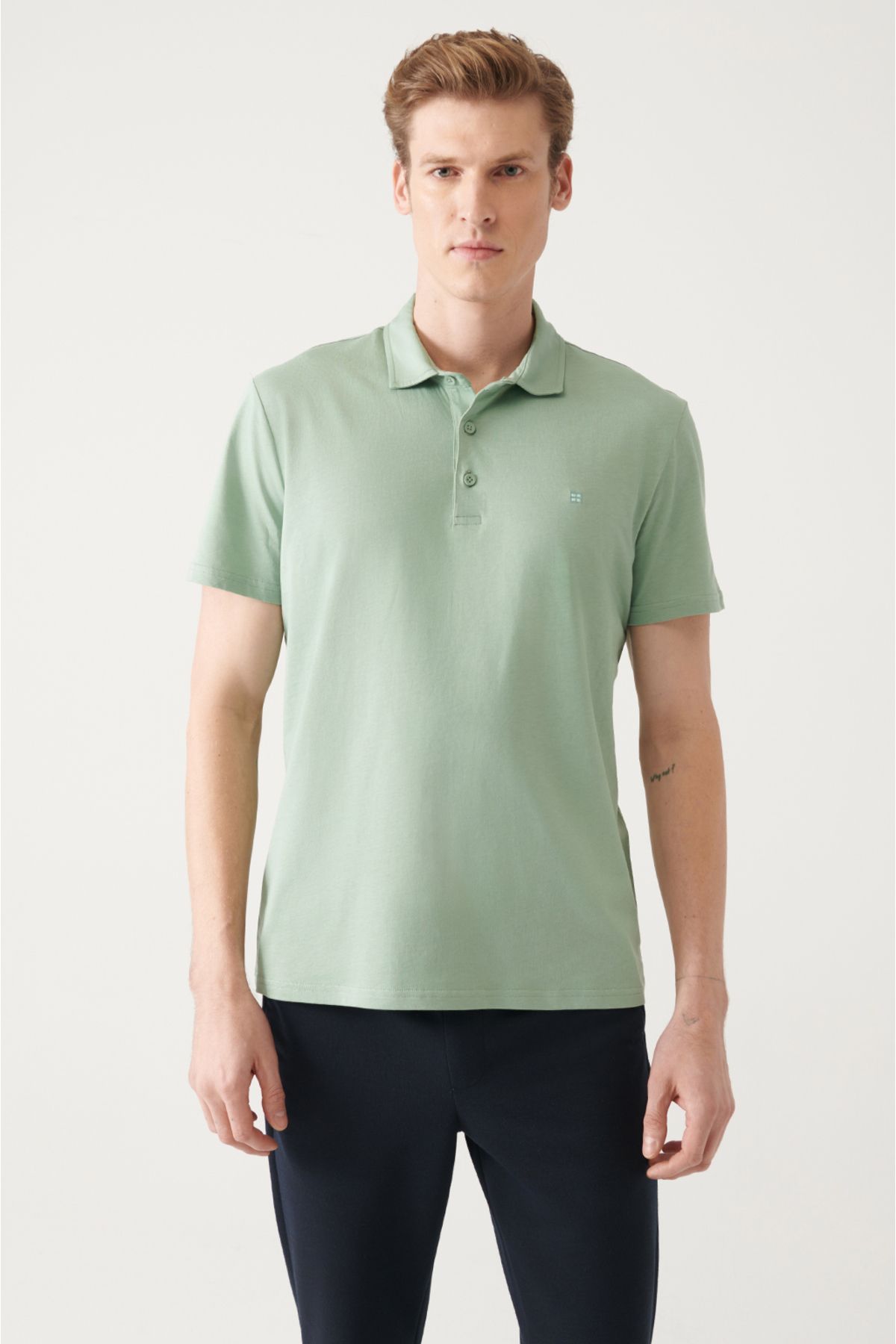 Avva Erkek Su Yeşili %100 Pamuk Regular Fit 3 Düğmeli Kıvrılmaz Polo Yaka T-shirt E001035