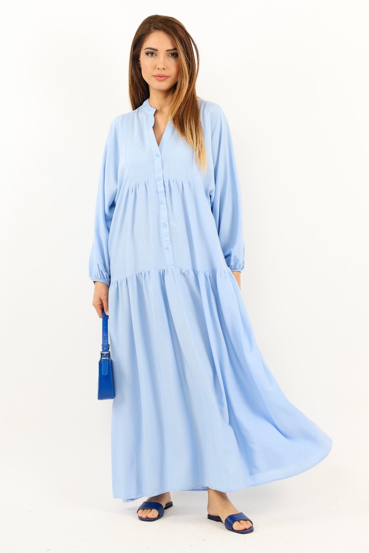 Ritnice Prive Kadın Base %100 Viskon Mavi Maksi Boy Katlı Balon Kol Uzun Yazlık Elbise