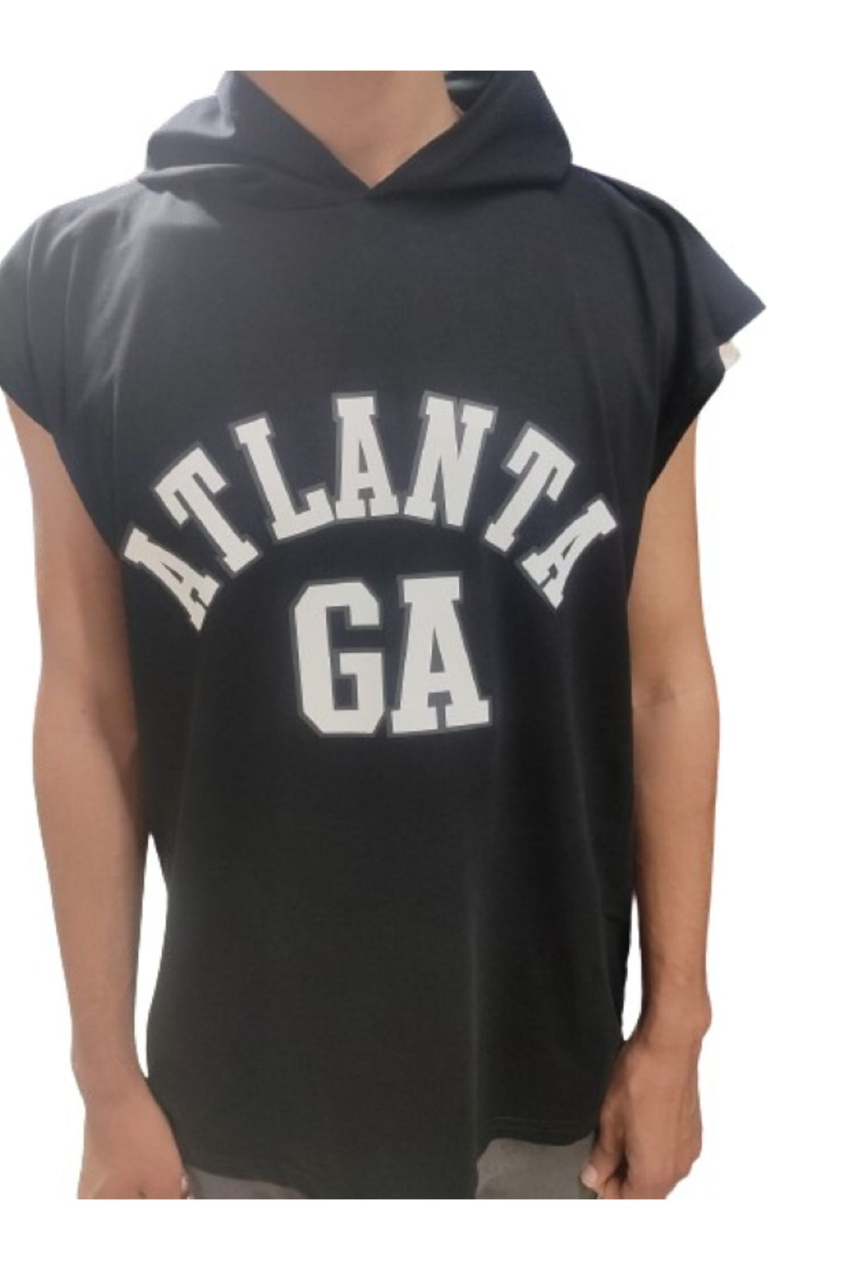 EFFRENATU Unisex Siyah Kapüşonlu Kolsuz atlanta T-shirt