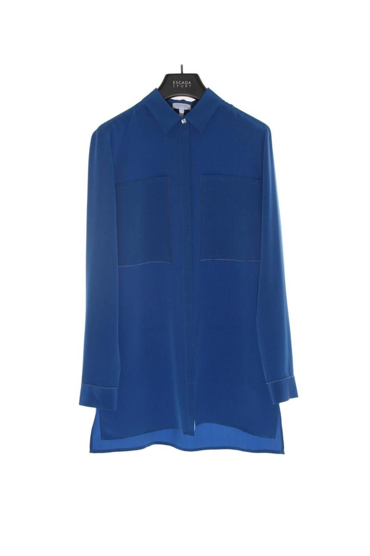 Escada Gömlek Yaka Cep Detaylı Uzun Kol Mavi Ipek Bluz