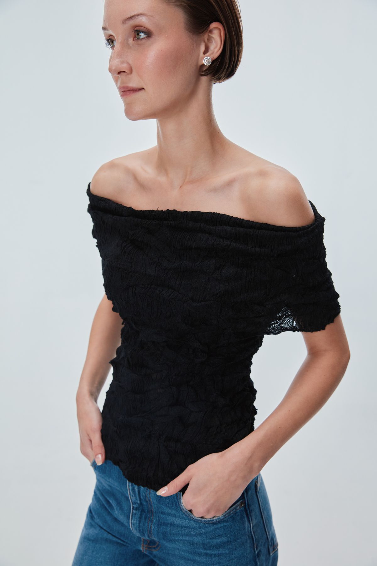 Join Us Bardot Yaka Simli Kırışık Model Bluz
