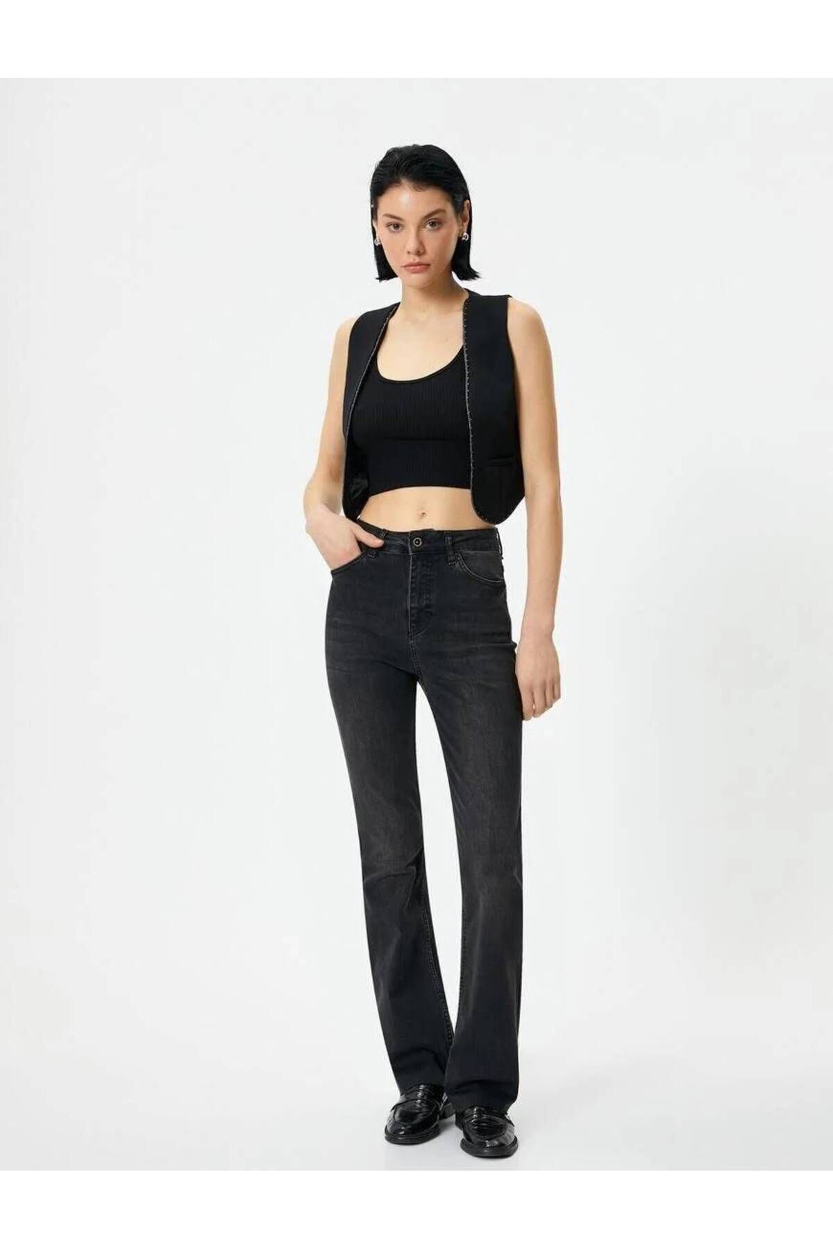 Koton İspanyol Paça Kot Pantolon Yırtmaç Detaylı Slim Fit Yüksek Bel - Victoria Slim Jeans