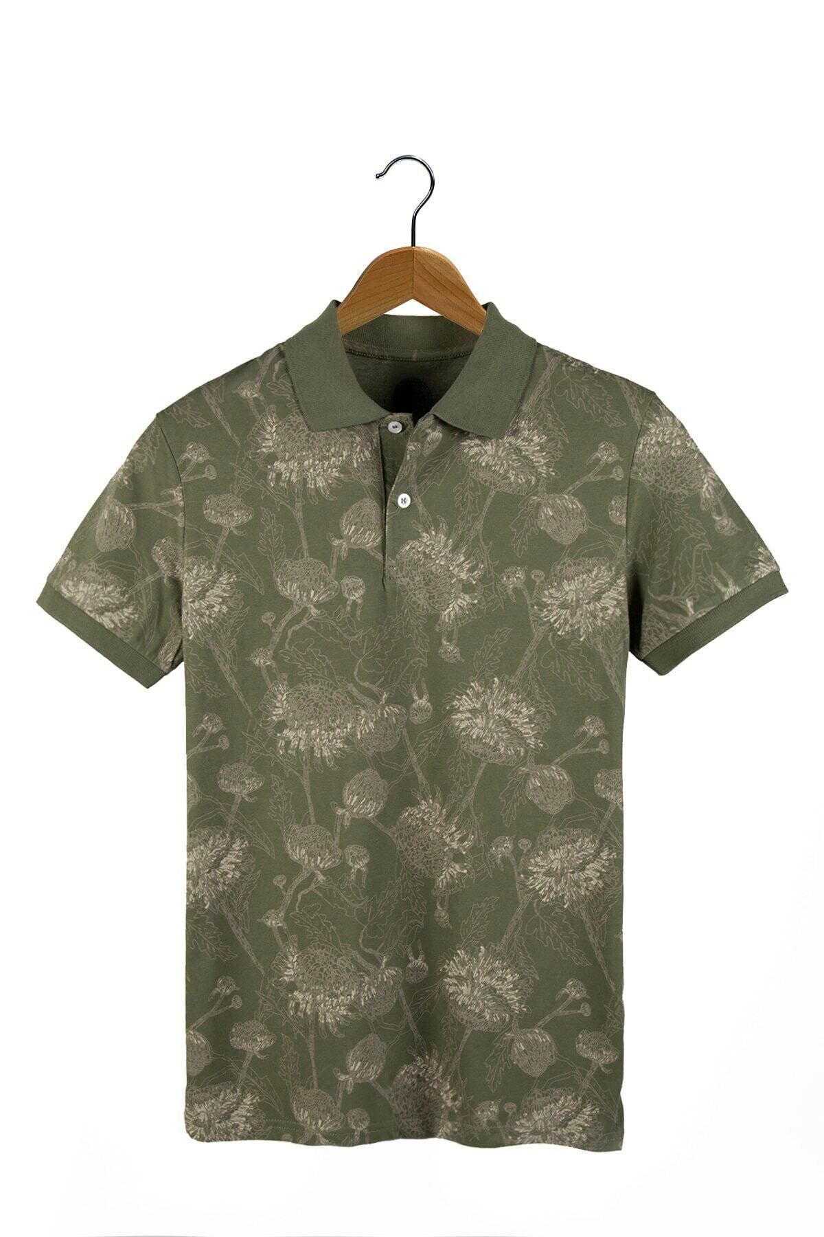 VEAVEN Erkek Yeşil Desenli Polo Yaka T-shirt