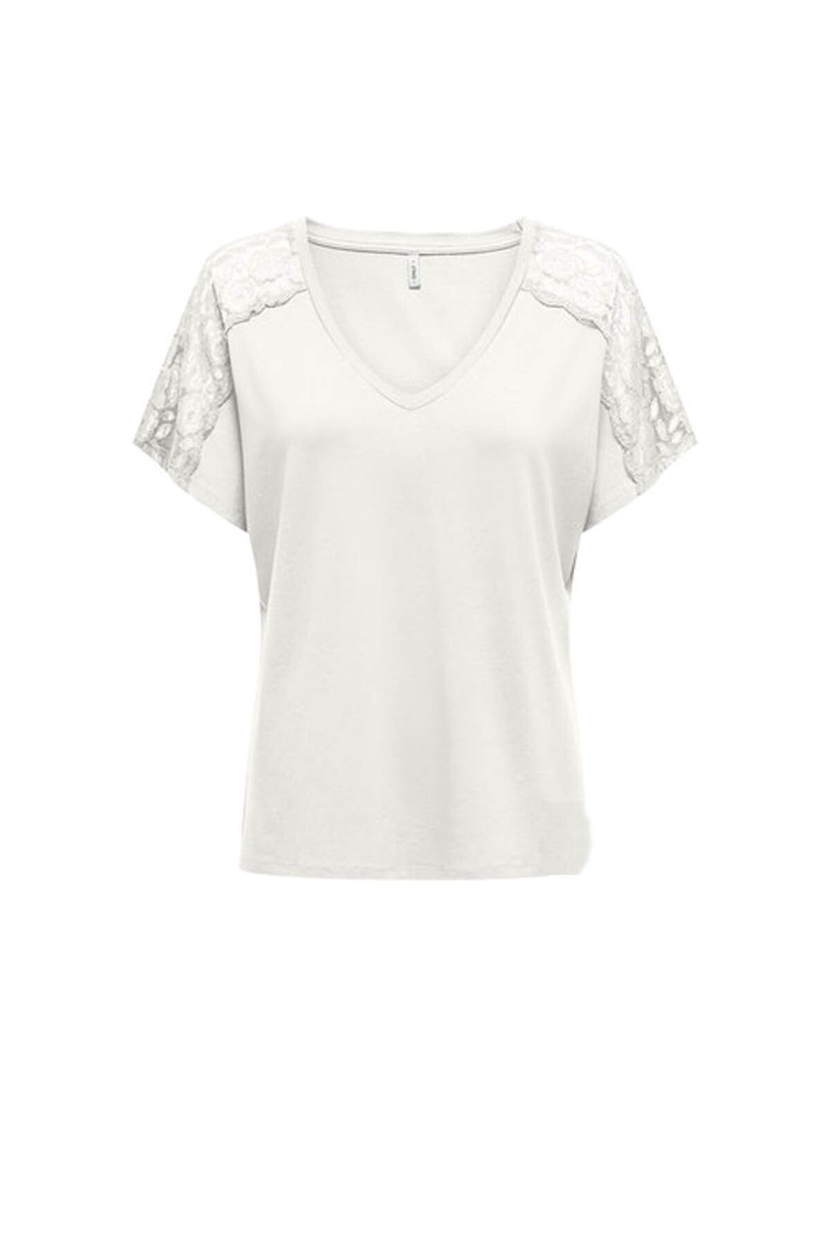 Only Kadın T-shirt Kırık Beyaz 15302877 Onlmoster S/s V-neck Lace Top Jrs