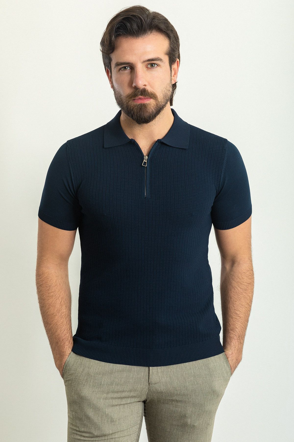 Mcr Desenli Slim Fit Fermuarlı Polo Yaka Erkek Triko T-shirt