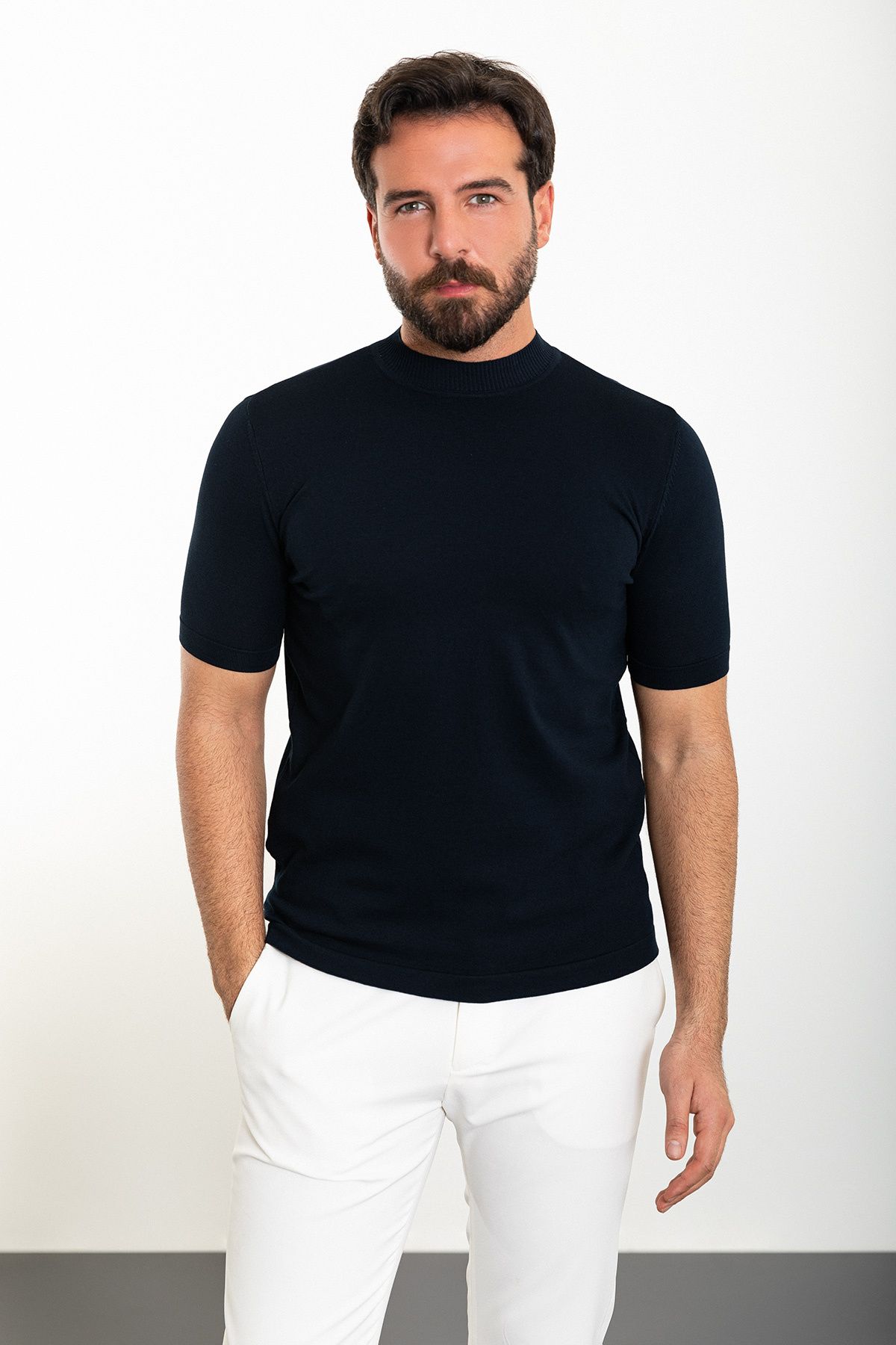 Mcr Düz Lacivert Slim Fit Yarım Balıkçı Yaka Erkek Triko T-shirt