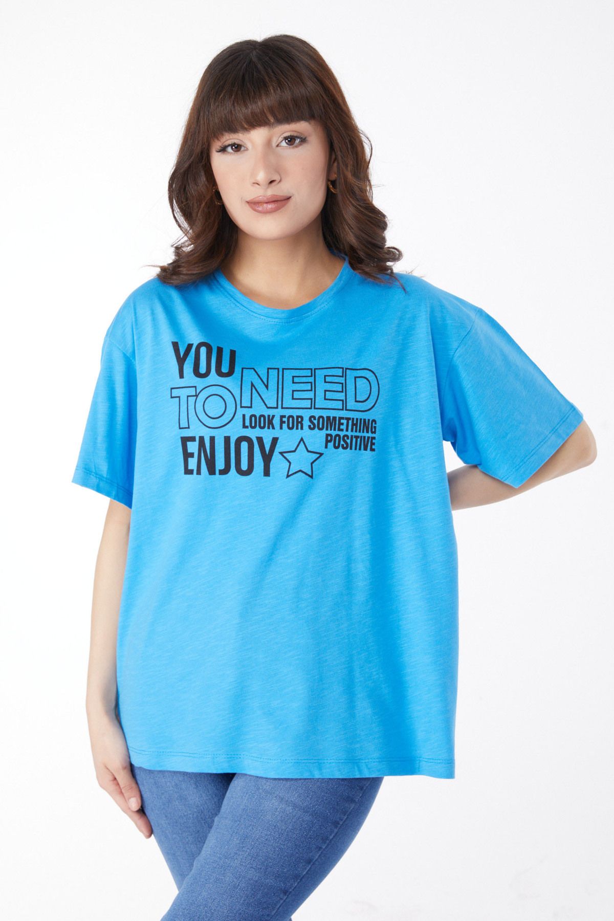 TOFİSA Düz Bisiklet Yaka Kadın Mavi Baskılı T-shirt - 25175