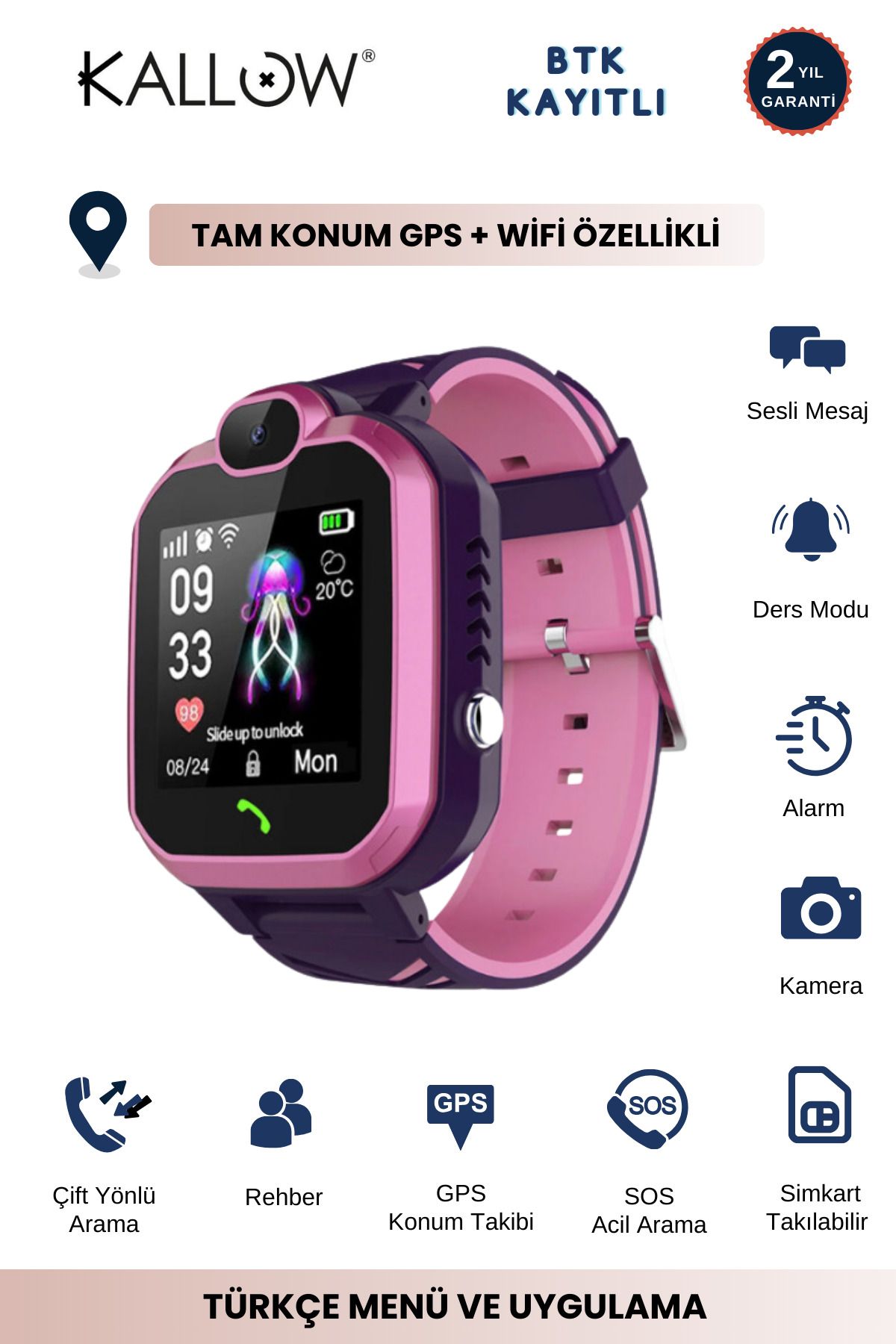 kallow Sim Kart Girişli Akıllı Çocuk Takip Saati Türkçe Menü - Pembe Renk