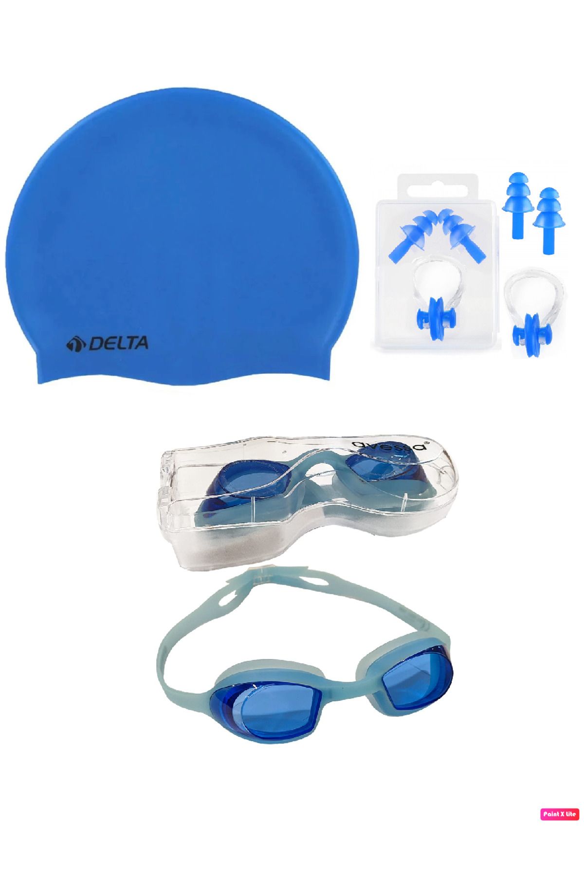 Avessa 3'lü Yetişkin Unisex Havuz Seti Yüzücü Deniz Gözlüğü Havuz Gözlüğü + Bone + Kulak Burun Tıkacı Mavi