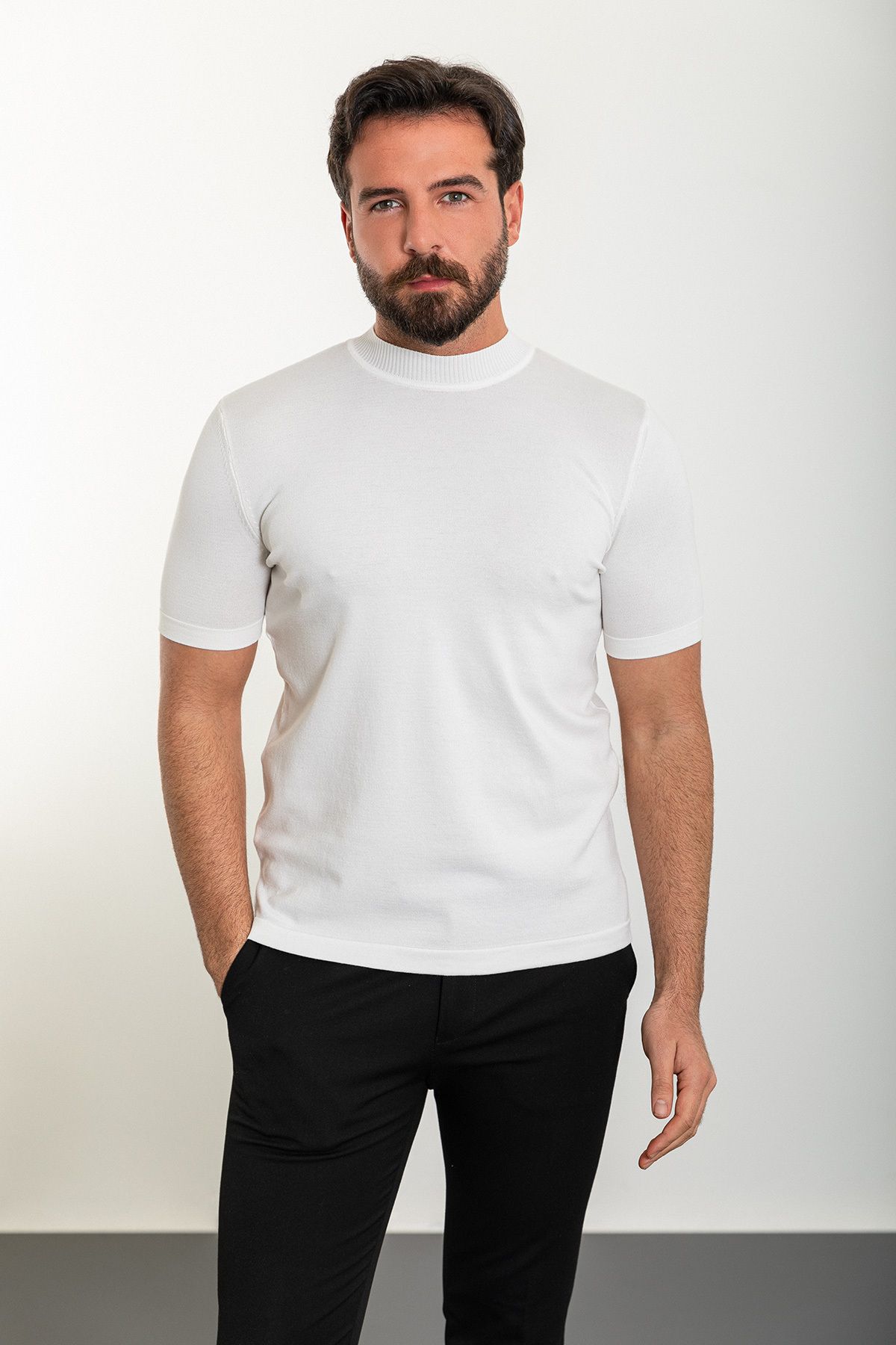 Mcr Düz Ekru Slim Fit Yarım Balıkçı Yaka Erkek Triko T-shirt