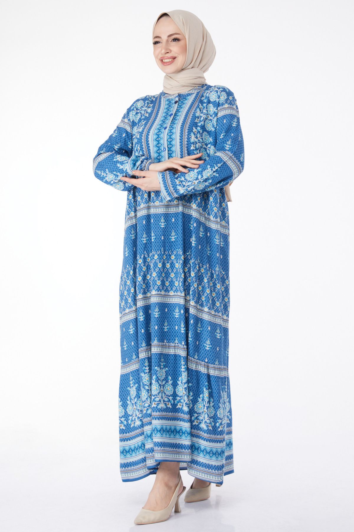 TOFİSA Düz Hakim Yaka Kadın Mavi Desenli Renkli Elbise - 24995