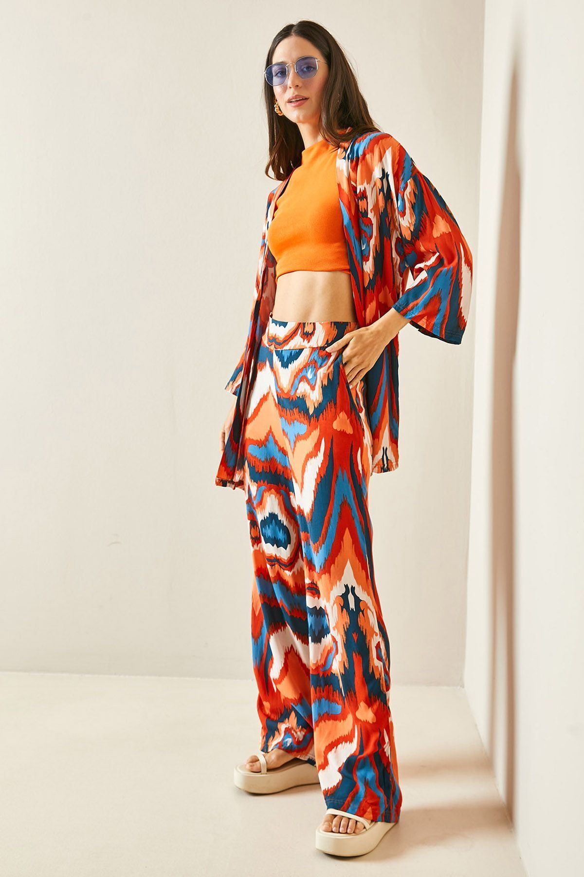 XHAN Kiremit Batik Desenli Kimono Takım 5YXK8-48451-16