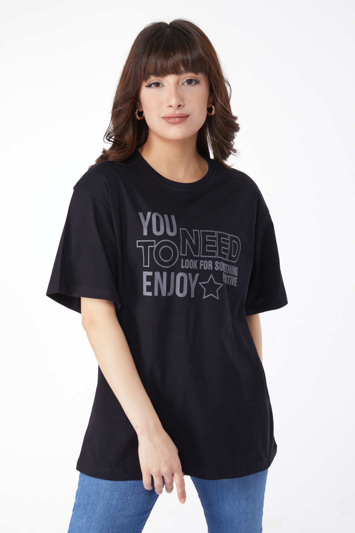 TOFİSA Düz Bisiklet Yaka Kadın Siyah Baskılı T-shirt - 25175