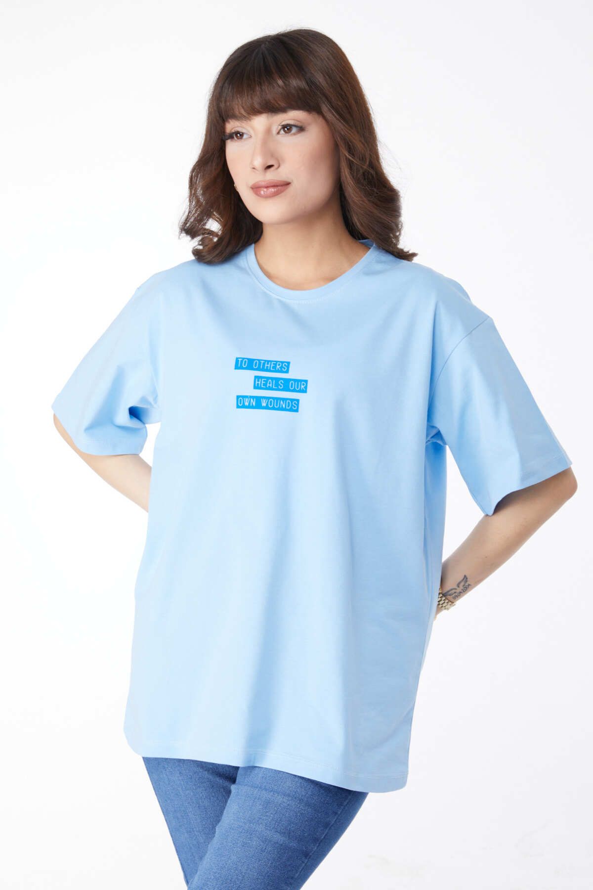 TOFİSA Düz Bisiklet Yaka Kadın Mavi Baskılı T-shirt - 25172