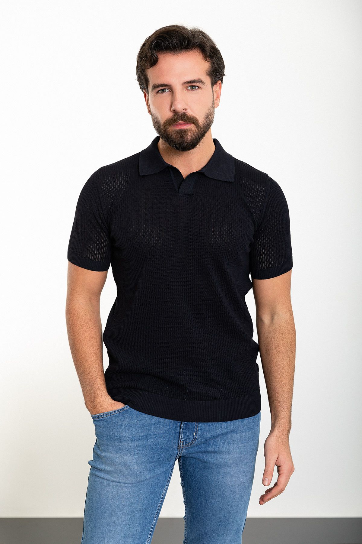 Mcr Desenli Lacivert Slim Fit Polo Yaka Erkek Triko T-shirt