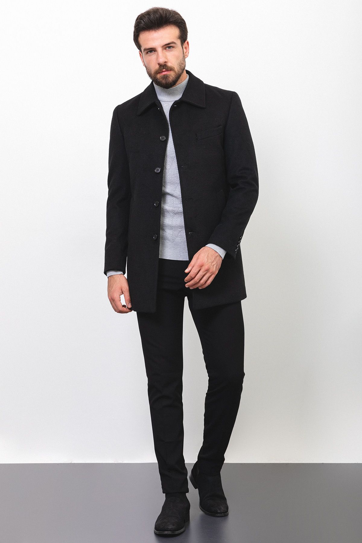 Mcr Düz Siyah Renk Slim Fit Gömlek Yaka Klasik Yün Erkek Kaban
