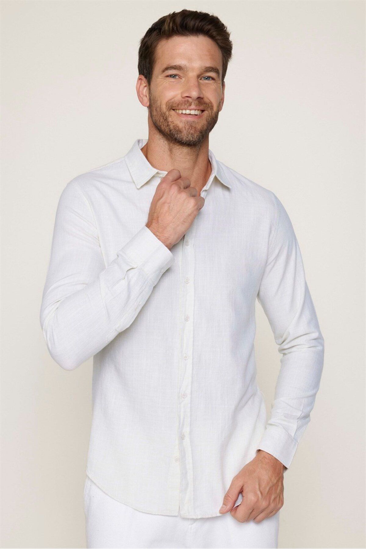 Tudors Slim Fit Uzun Kollu Pamuklu Keten Düz Yazlık Erkek Sarı Gömlek