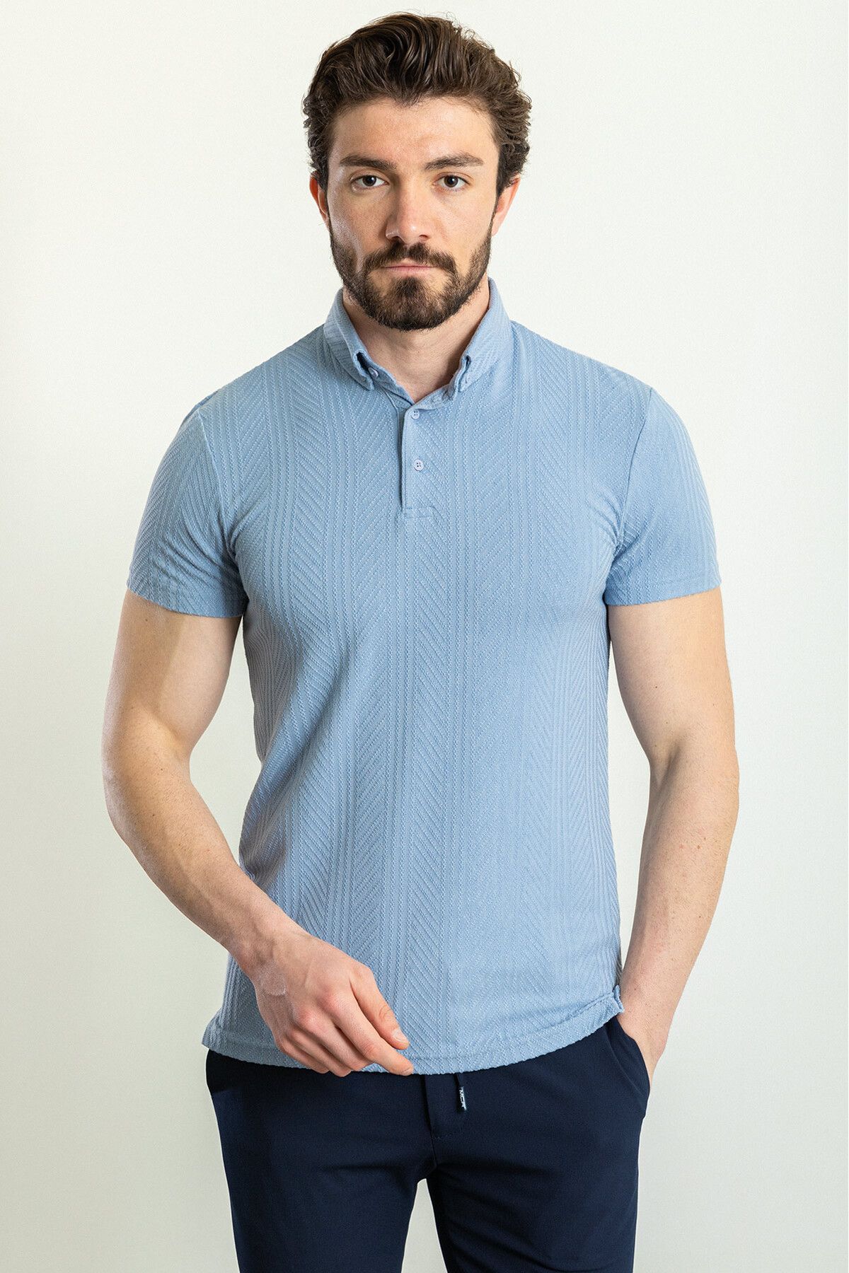 Mcr Çizgi Desenli Mavi Renk Slim Fit Polo Yaka Erkek T-shirt