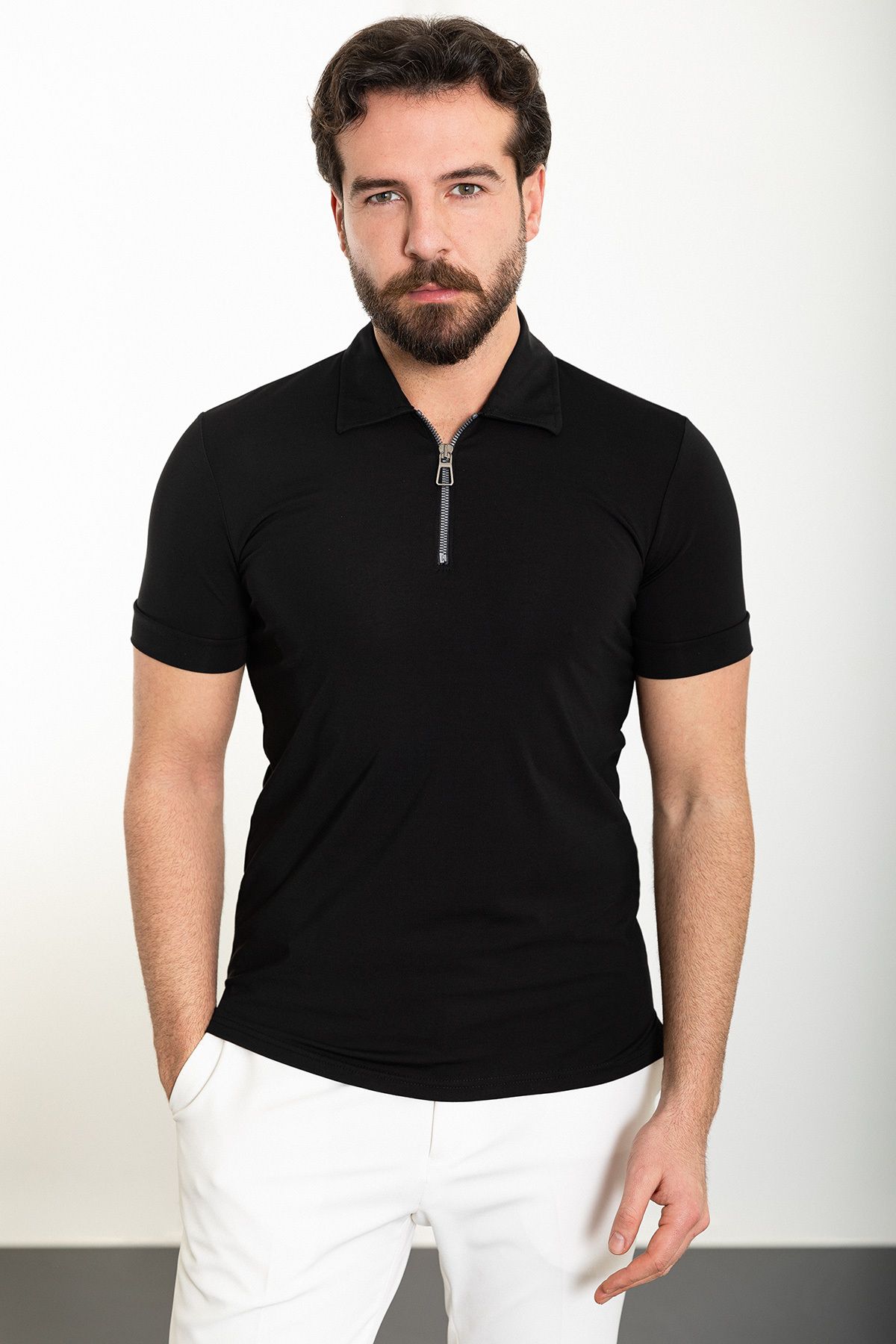 Mcr Düz Siyah Slim Fit Fermuarlı Polo Yaka Erkek T-shirt
