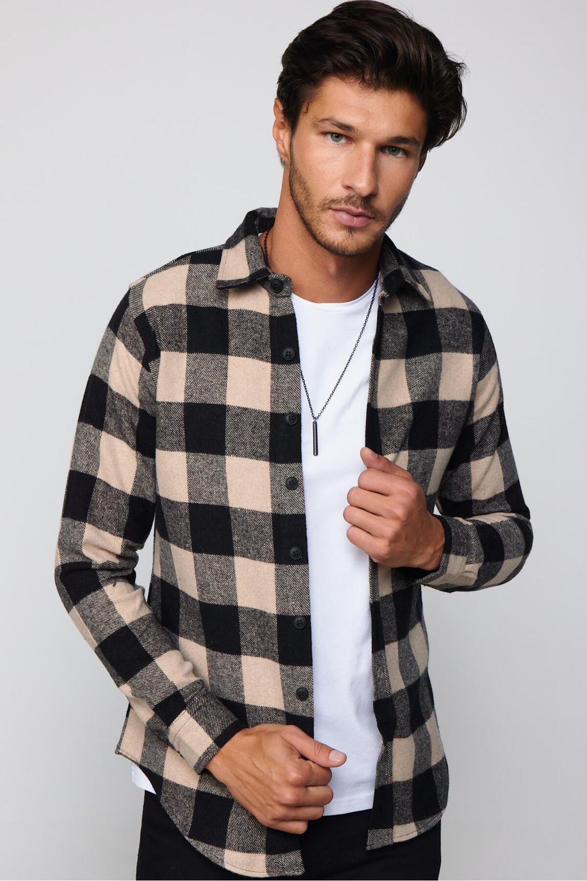 Tudors Slim Fit Uzun Kollu Dar Kesim Kareli Kışlık Oduncu Erkek Gömlek