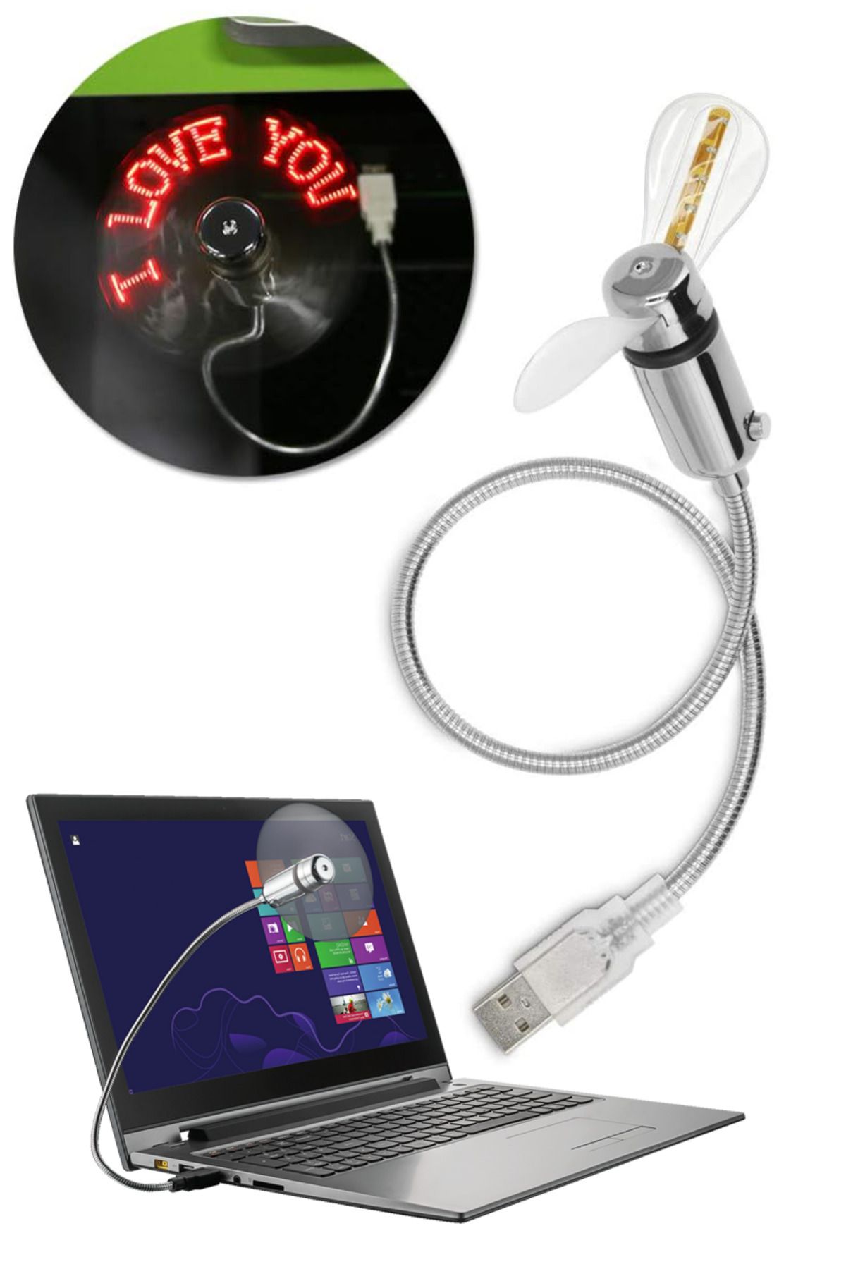 GüncelÇarşı Esnek USB Mini Işıklı Yazılı Fan Vantilatör, Taşınabilir, LED Işıklı Pratik Serinletici, Bükülebilir