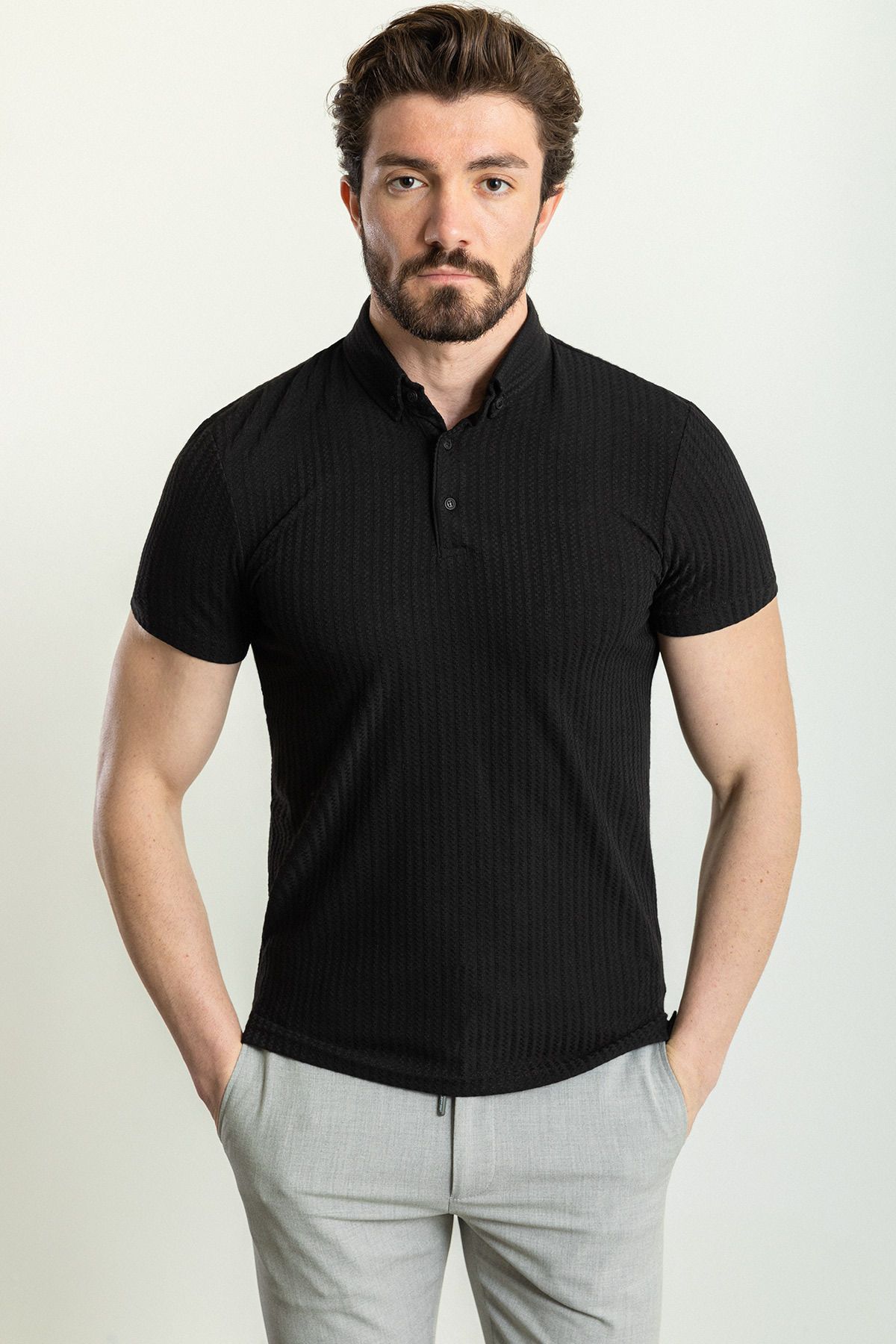 Mcr Çizgili Siyah Renk Slim Fit Polo Yaka Erkek T-Shirt