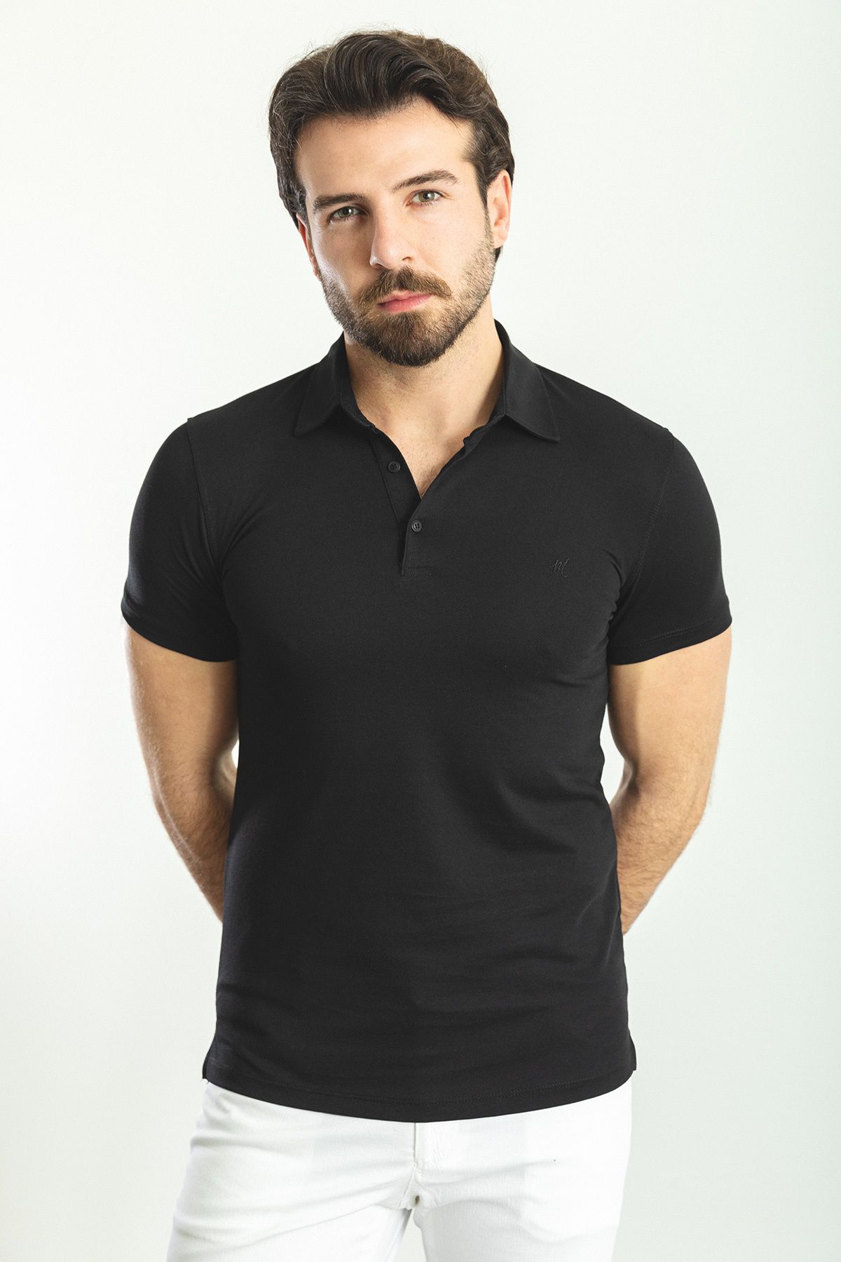 Mcr Düz Siyah Renk Slim Fit Polo Yaka Basic Erkek T-Shirt
