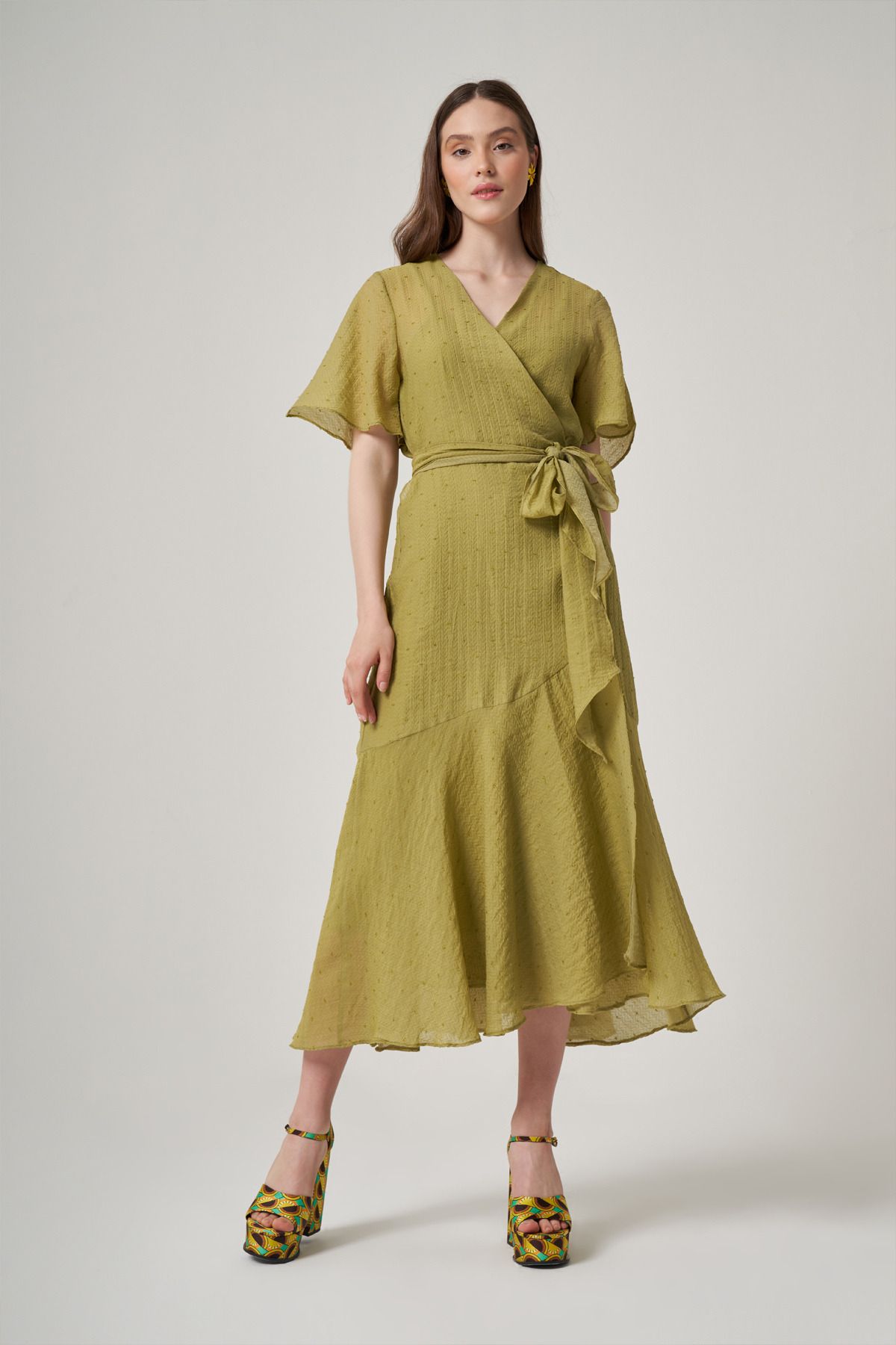 Mimya Yeşil Kruvaze Volanlı Kuşaklı Elbise 2708