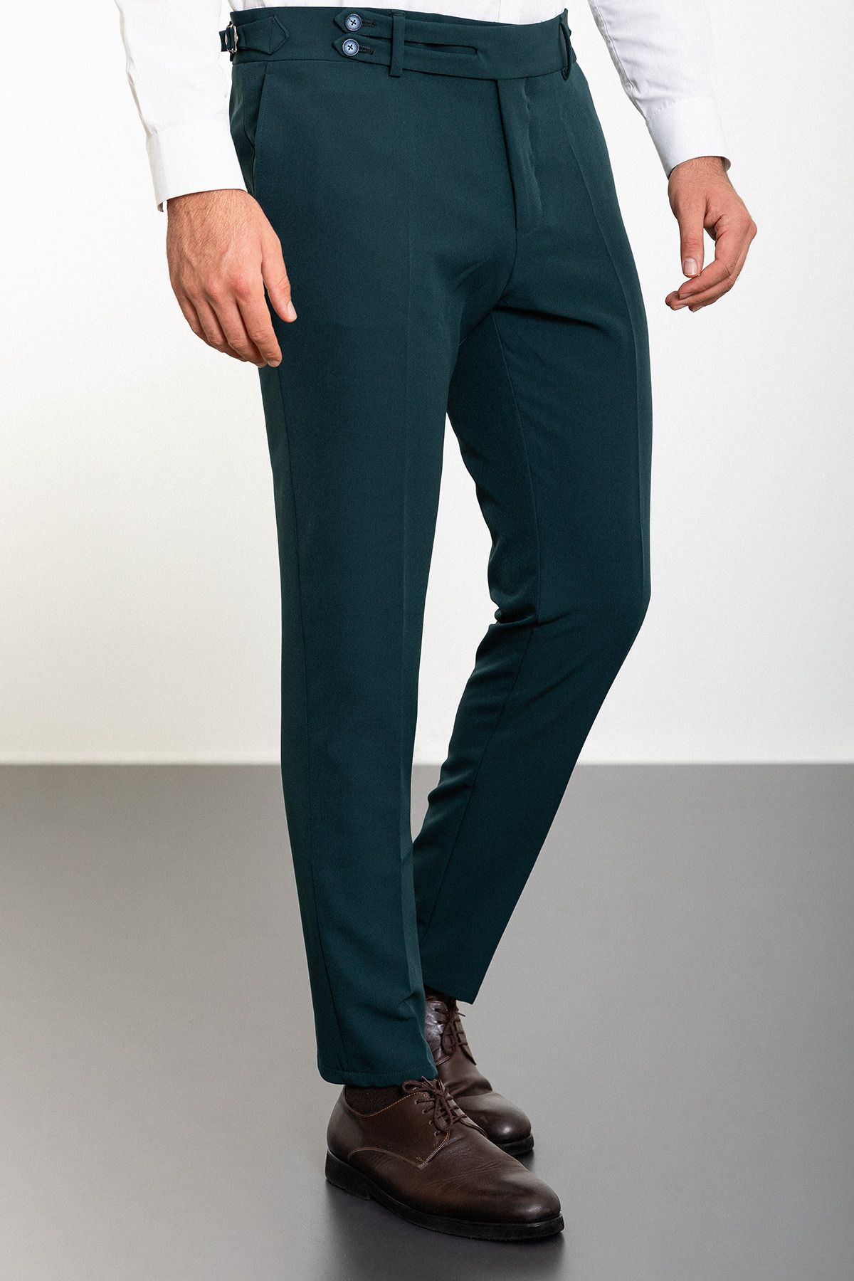 Mcr Düz Zümrüt Rengi Super Slim Fit Kemer Detaylı Tokalı Erkek Pantolon