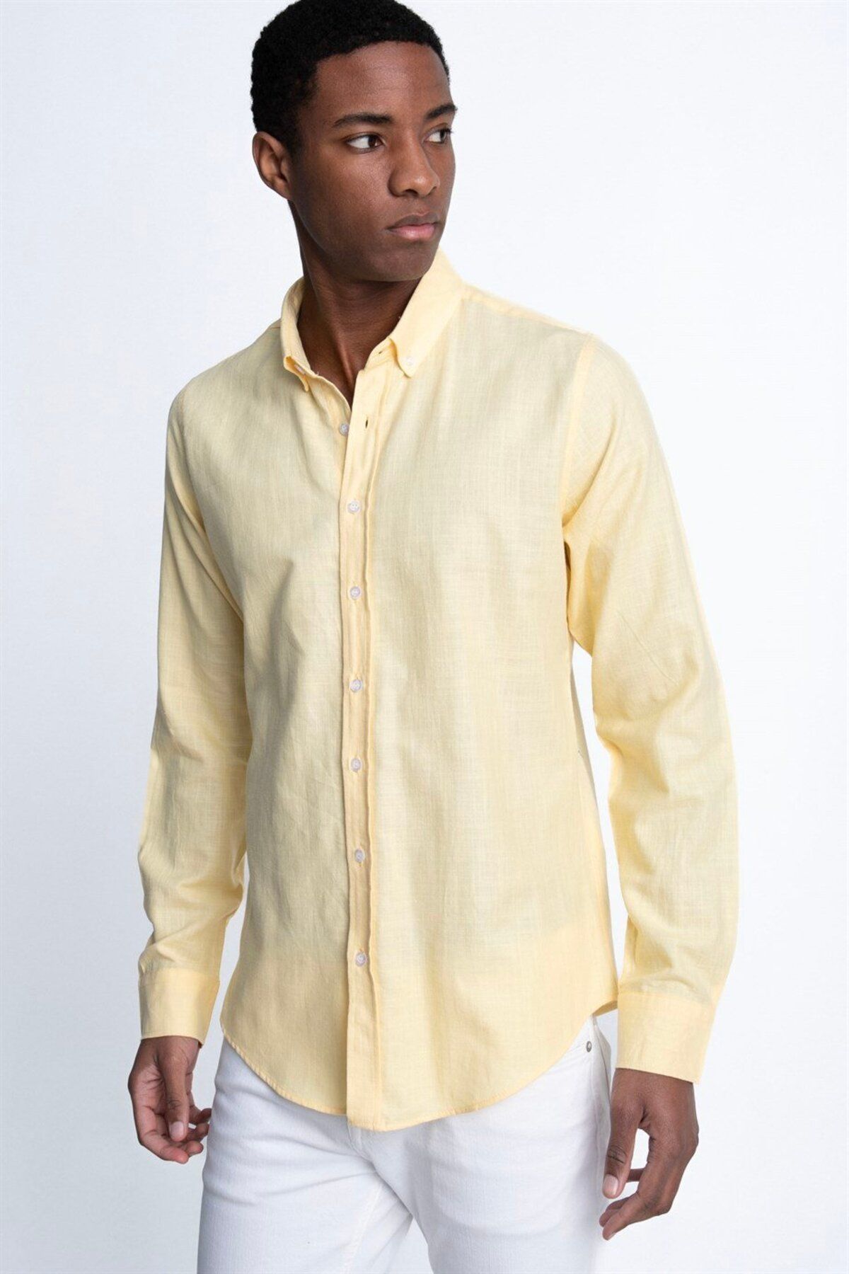 Tudors Slim Fit Uzun Kollu Biyeli Yaka Düğmeli Keten Erkek Sarı Gömlek