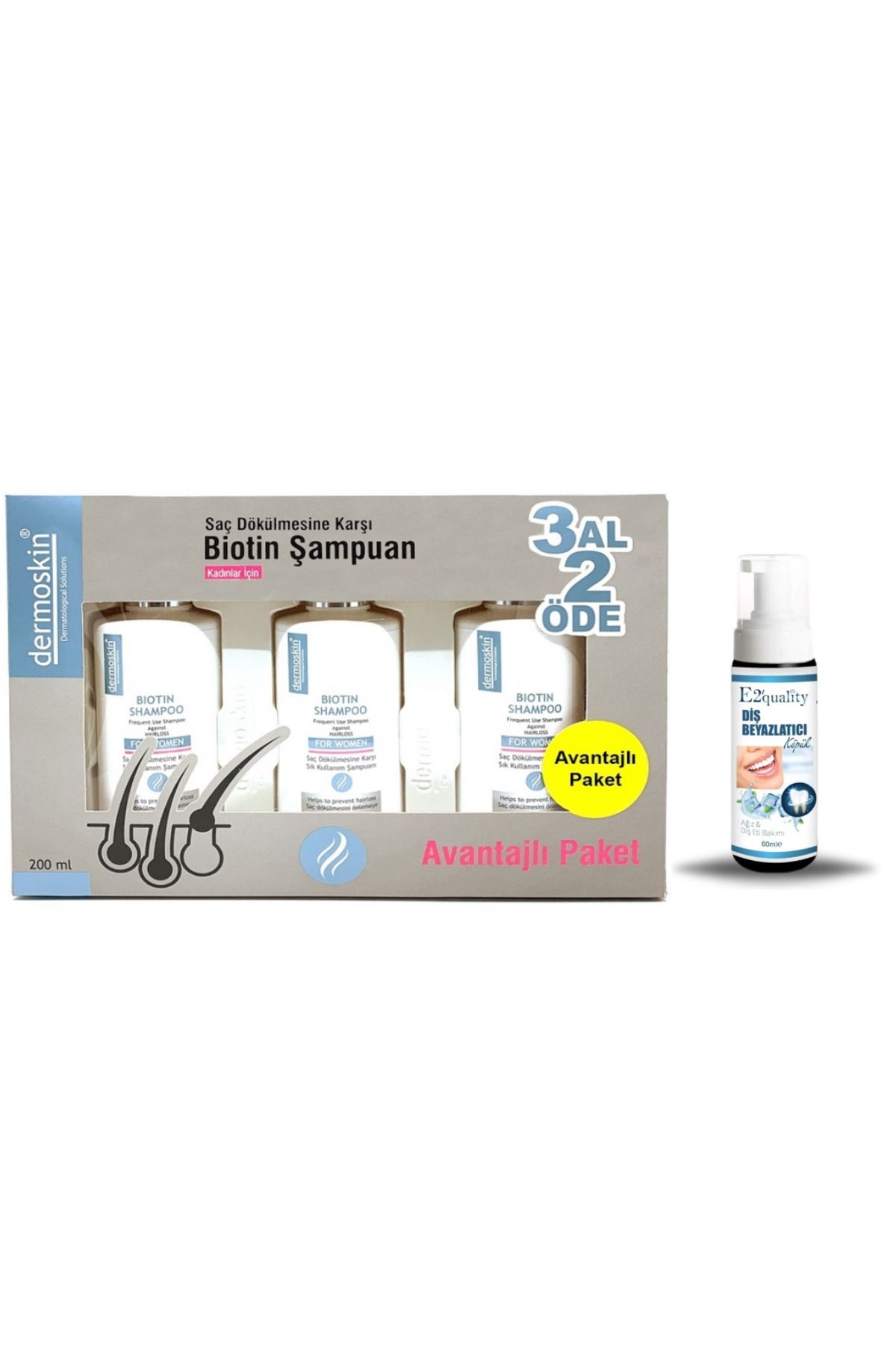 Dermoskin Avantajlı Paket Kadınlar İçin Biotin Şampuan 3 Al 2 Öde + Diş Beyazlatıcı Köpük Hediye