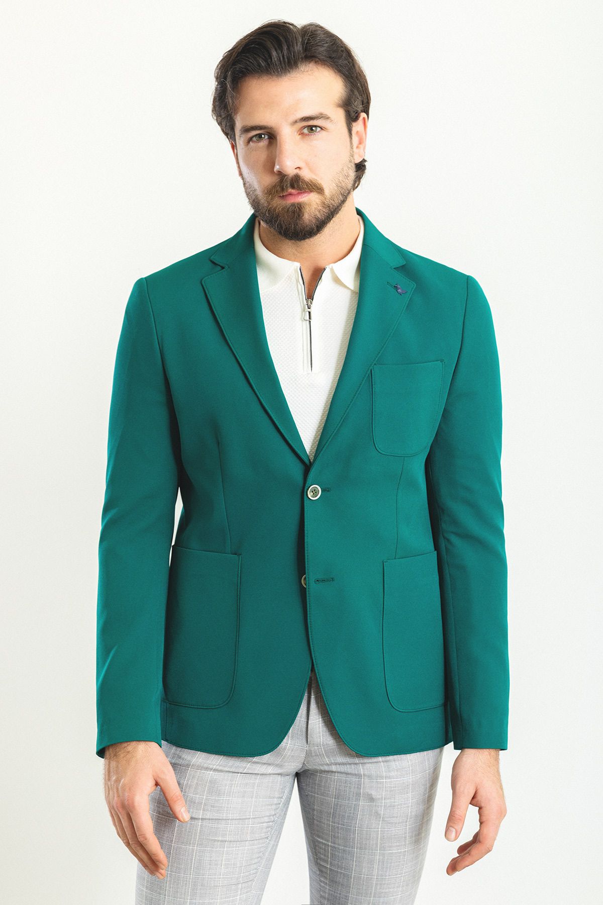 Mcr Düz Yeşil Rengi Slim Fit Torba Cep Mono Yaka Erkek Ceket